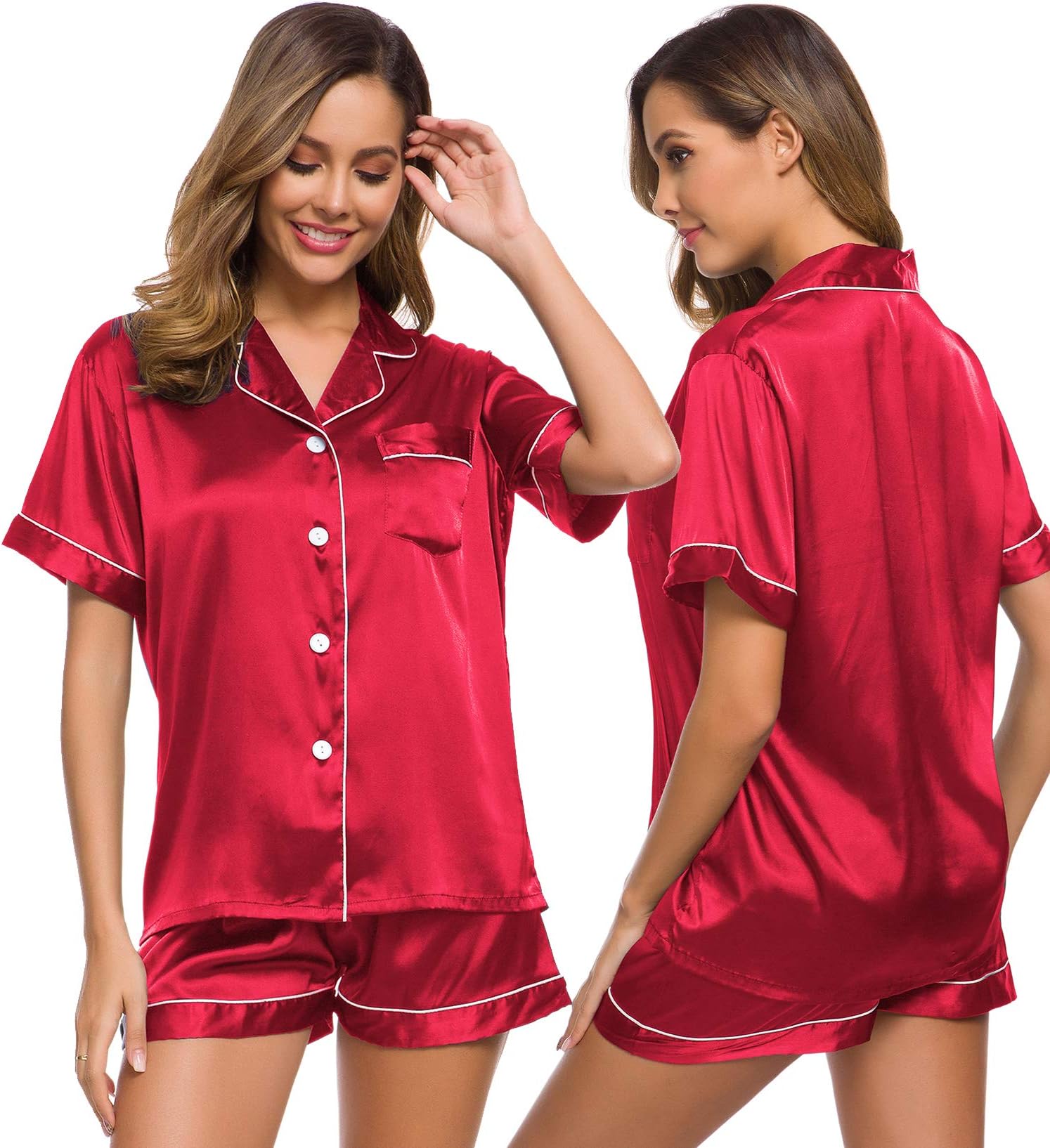 SWOMOGPyjamas for Women Silk Satin Pyjama Bride Pjs Set Two Piece Pj Sets Button Down Sleepwear Loungewear