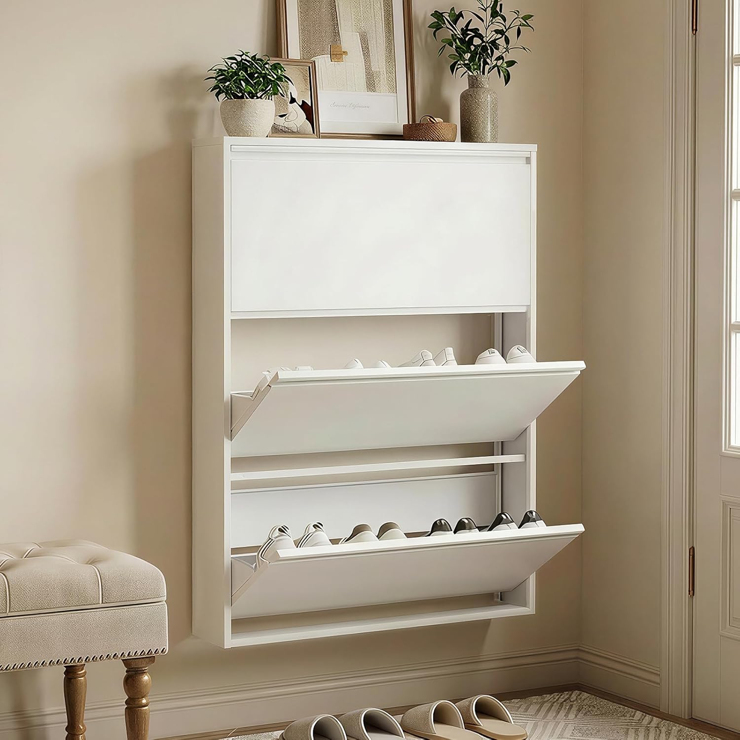 Shoe Cabinet with 3 Flip Drawers, Slim Metal Wall-Mounted Shoe Storage Organizer for Entryway, Hallway, Mudroom, Hidden Narrow Rack, White