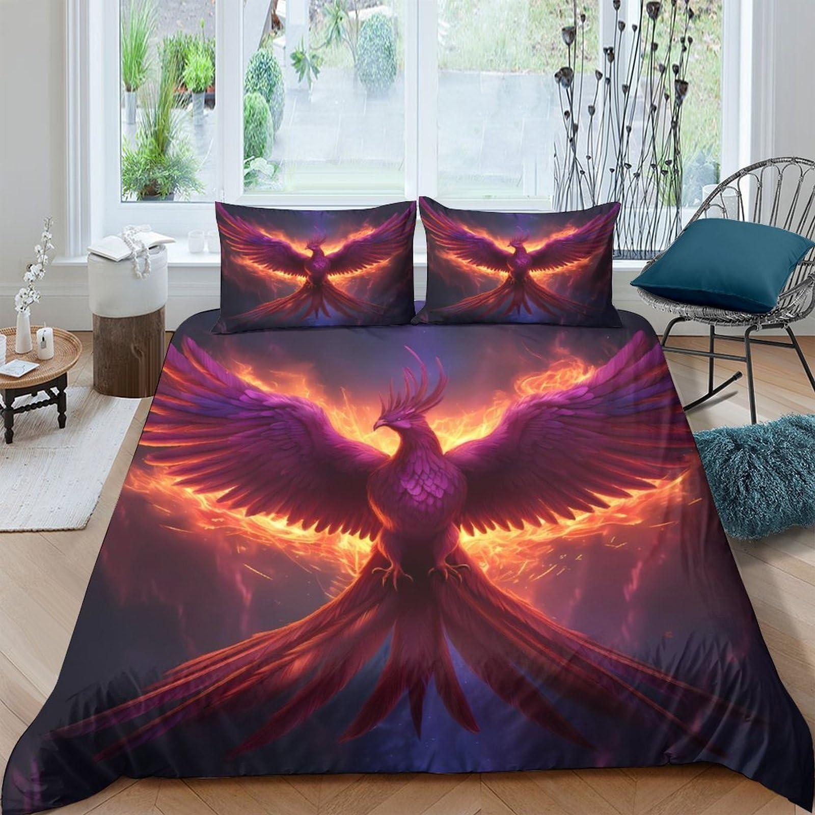 GPLZQXKJNH 3D Printed Fire Phoenix Duvet Cover Microfiber Soft Breathable Dark Wings Bedding Set with 2 Pillowcases for Bedroom Decor Single（135x200cm）