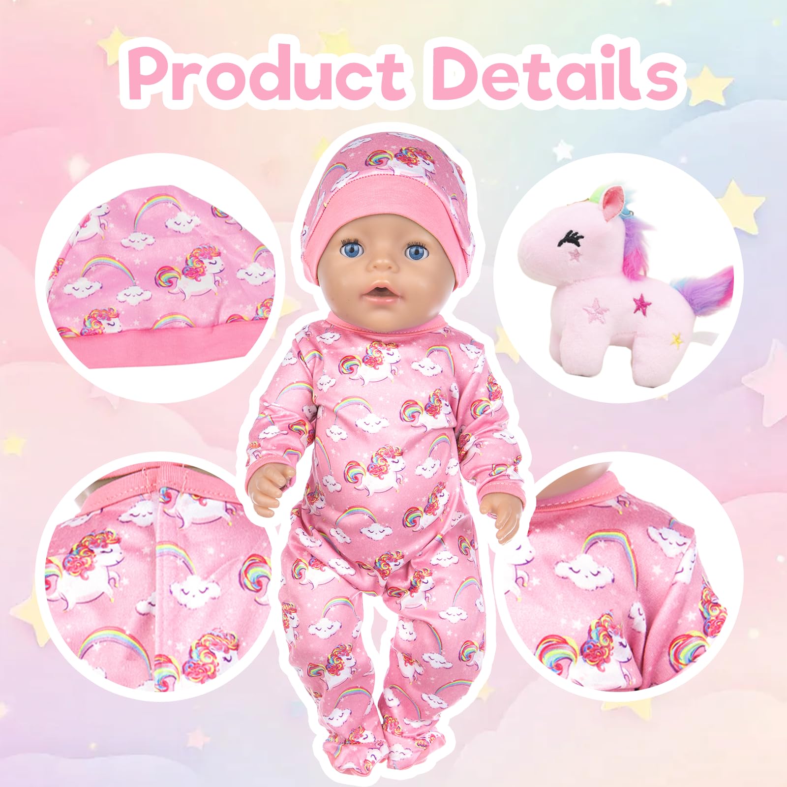 4 Pcs Baby Doll Clothes for 14-17 Inch Dolls, Cute Baby Doll Outfits mit Pink Pony Onesie, Hat - Image 3