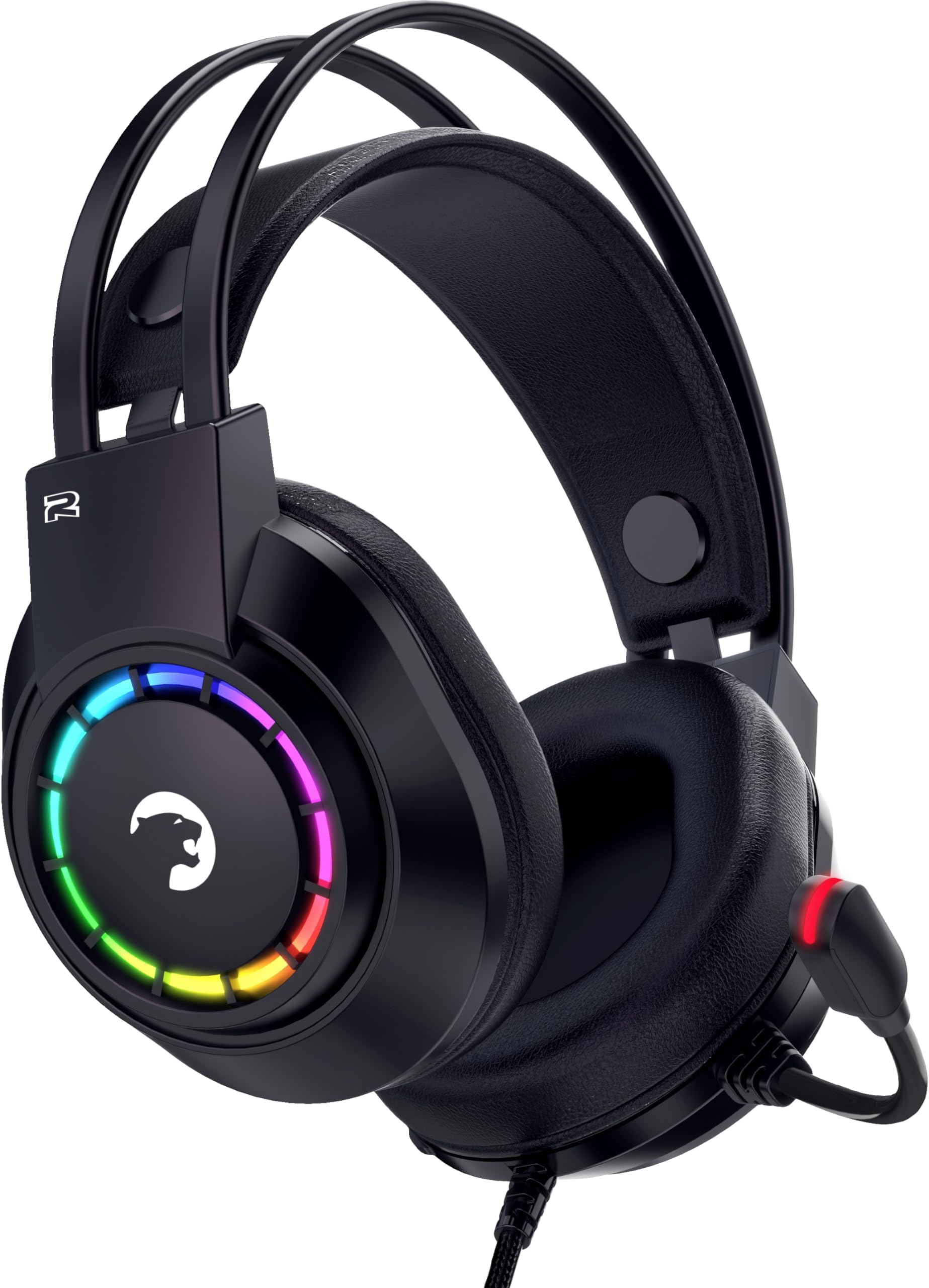 Voldon 7.1 Professional Over Ear Gaming Headset with 50MM Drivers - Wired PC Stereo Gaming Headset with Noise Cancelling Microphone and Rainbow LED Lighting USB, PC, PS5, PS4, Black