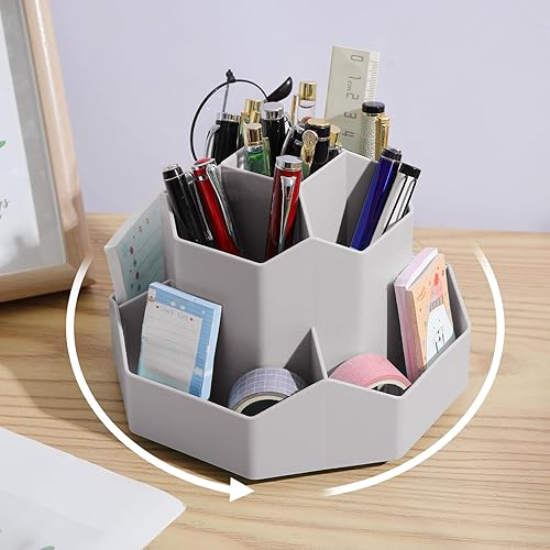 INSTOME Organizador de escritorio con soportes para lápices, soporte giratorio de 360 para organizador de escritorio, 9 compartimentos y soportes