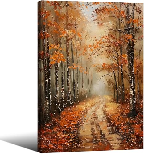 Miniatura 27 de Jefuzh Arte de pared de paisaje de naturaleza otoñal, póster de paisaje de árbol de bosque de otoño, hojas de arce retro, pintura al óleo, Vintage