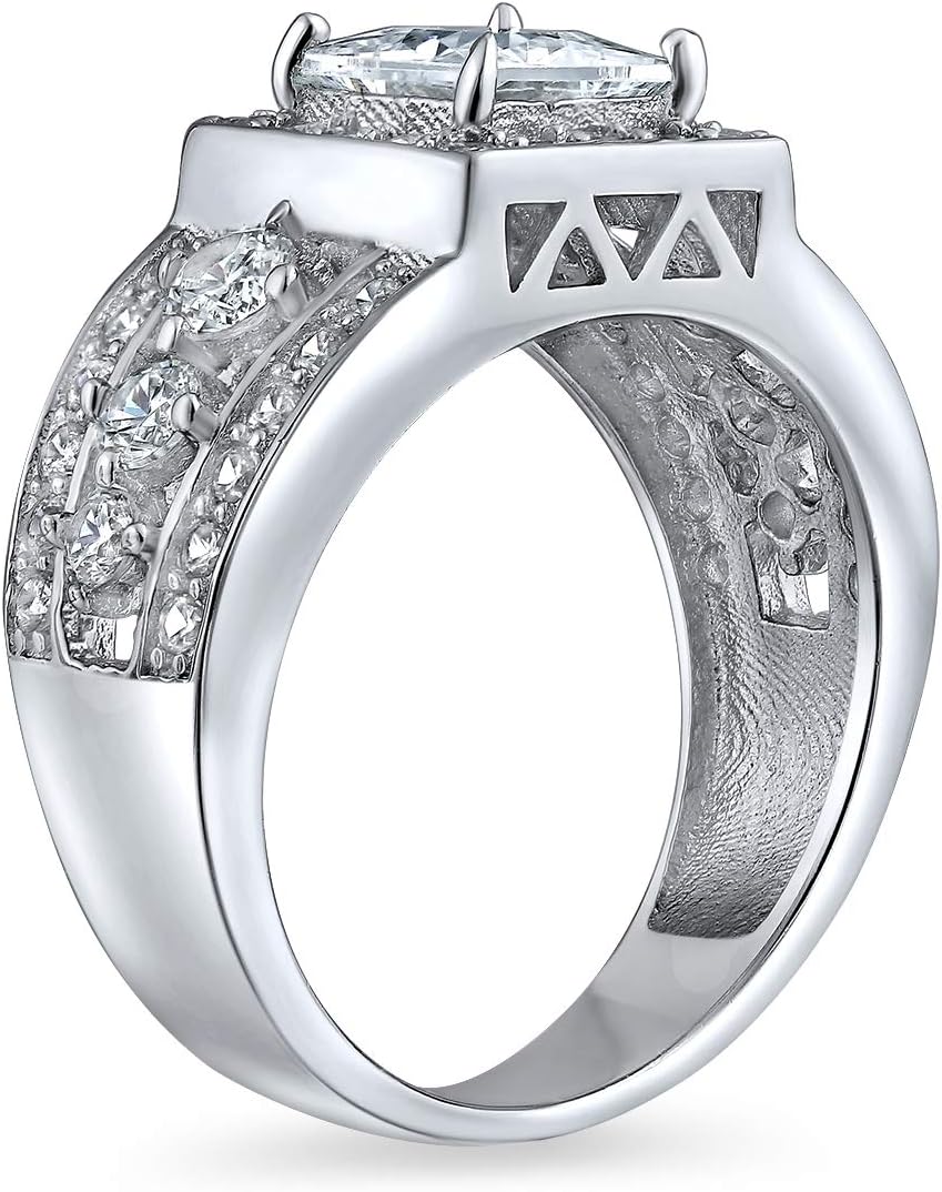 Personalize Vintage Antique Art Deco Style 2CT AAA CZ Pave Halo Square Cushion Cut Solitaire Engagement Ring For Women .925 Sterling Silver Split Baguette Side Stone Milgrain Edge Band Customizable