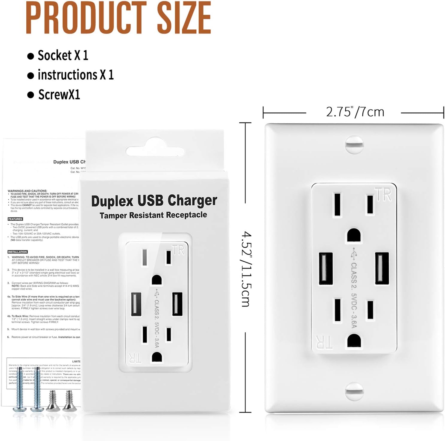 BENNUOER USB Wall Outlet Dual High Speed 3.6A USB Ports-Speed Charger Electrical Outlet, Duplex 15A Tamper-Resistant Receptacles, ETL Listed, Wall Plate Included, White, 6Pack