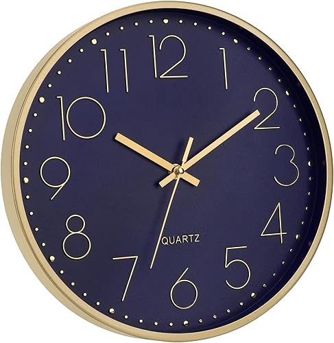 Miniatura 24 de Foxtop Reloj de pared dorado de 12 pulgadas, silencioso sin tictac, funciona con pilas, reloj de pared redondo de cuarzo moderno para oficina, sala