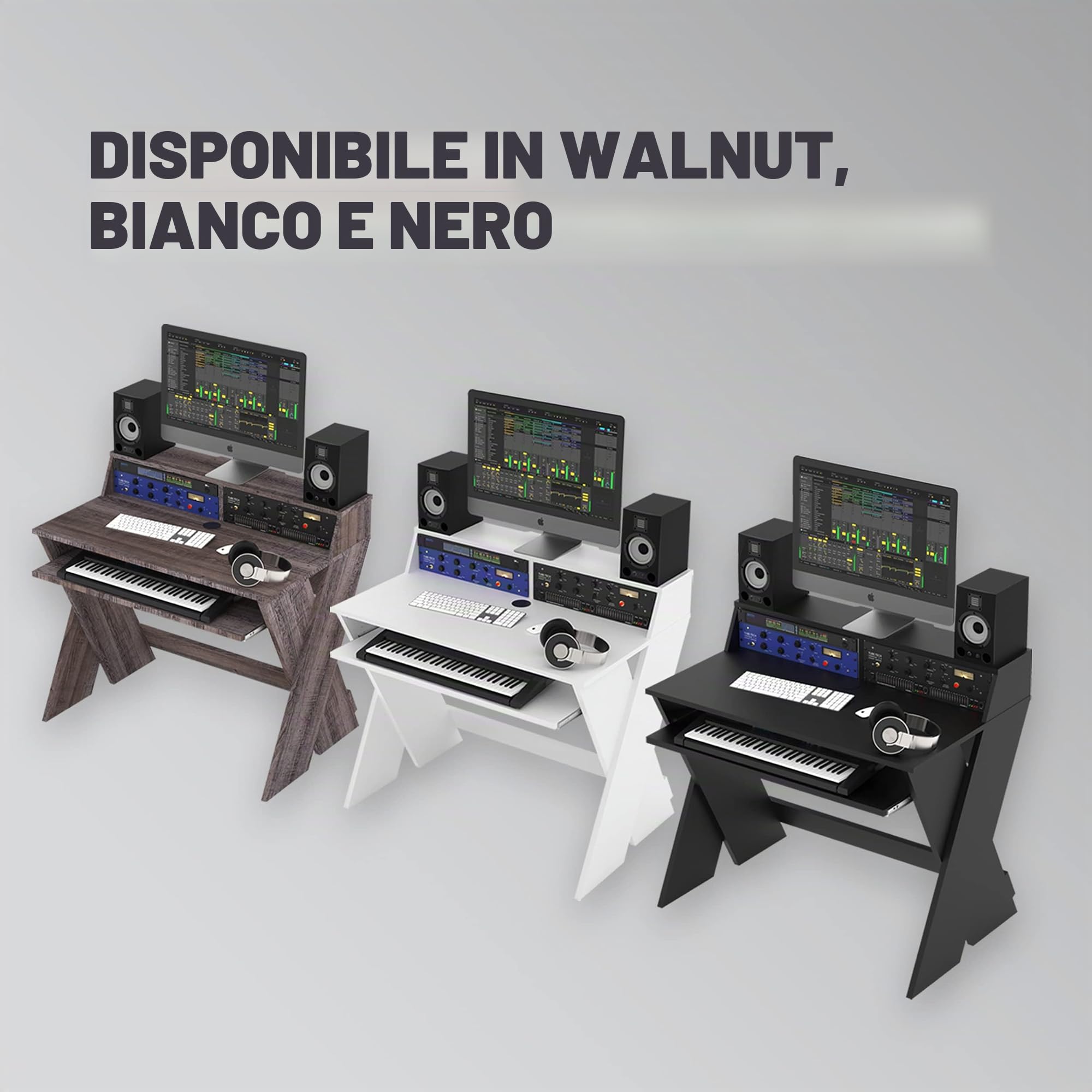 Glorious Sound Desk Compact Walnut - Station de travail de studio compacte au design intelligent avec grande surface de travail, compartiment à clavier coulissant