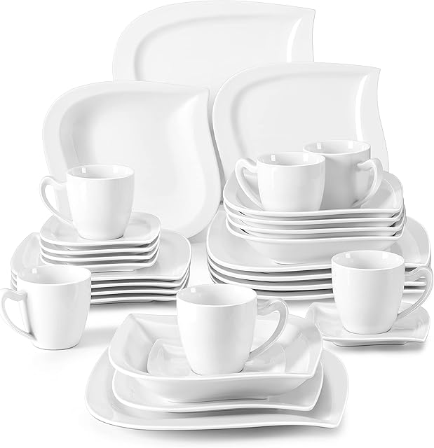 MALACASA, Series Elvira, 30-Piece Cream White Porcelain Dinner Set with 6-Piece Cups 6-Piece Saucers 6-Piece Dessert Plates 6-Piece Soup Plates and 6-Piece Flat Plates