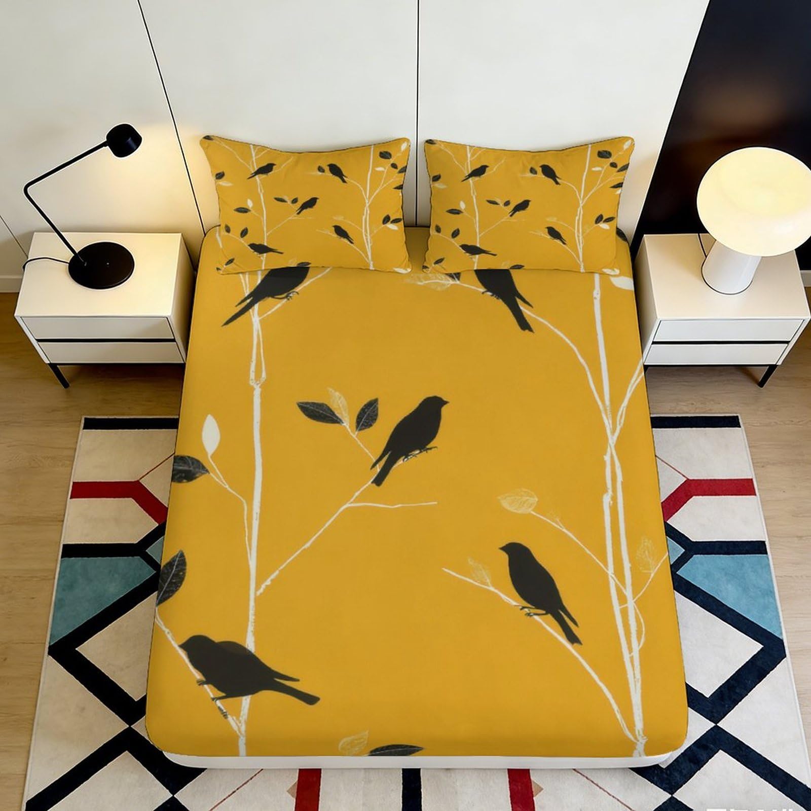 3D Printed Birds on Branches Fitted Sheet Microfiber Deep Pocket Non-Slip Birds Mattress Fitted Cover Washable Bedding for Adults 200x200x25cm 90x200x25cm