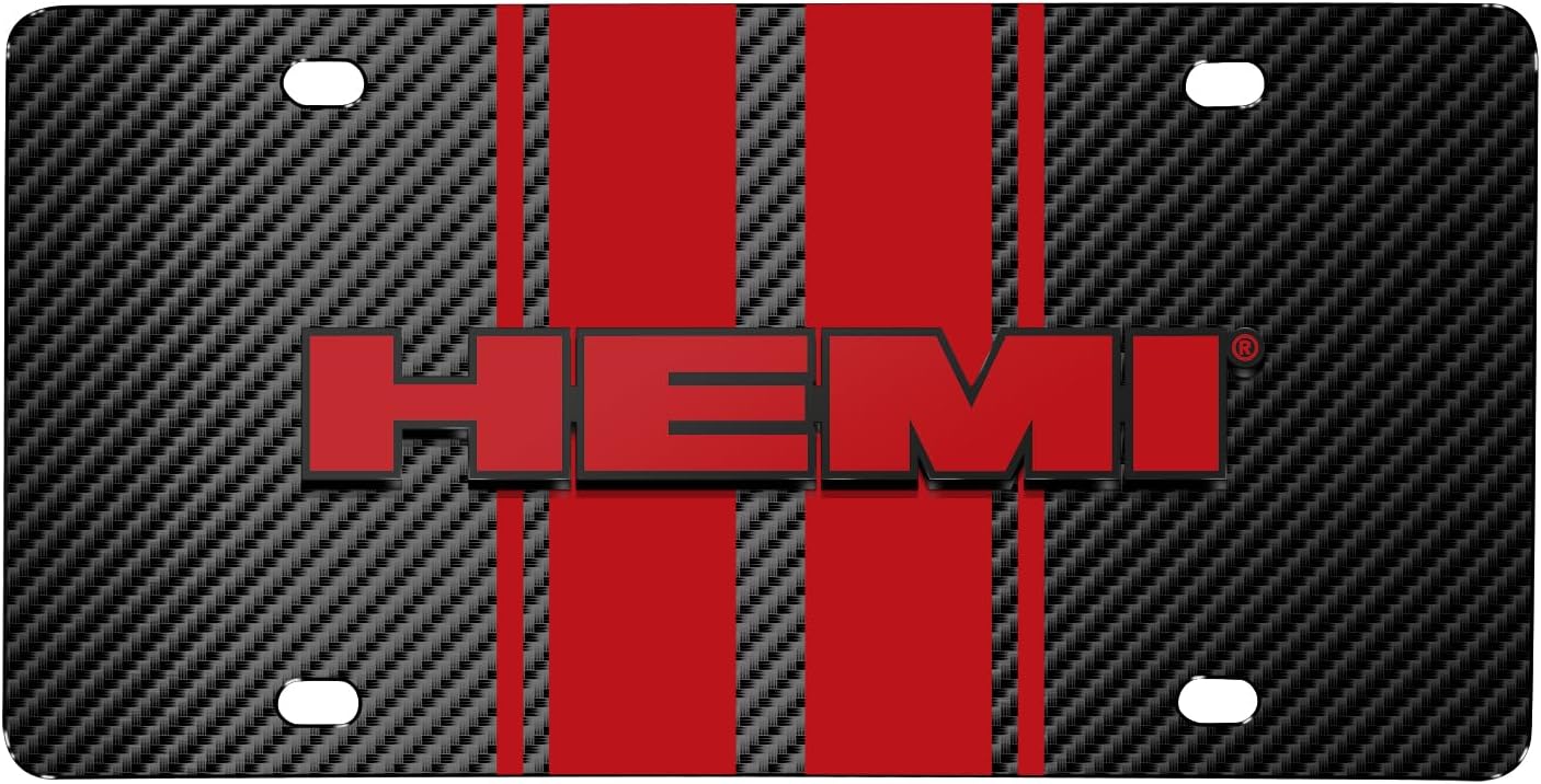 iPick Image for Dodge HEMI 3D Logo in Red on Red Stripe Black Carbon Fiber Look Stainless Steel License Plate - Official Licensed