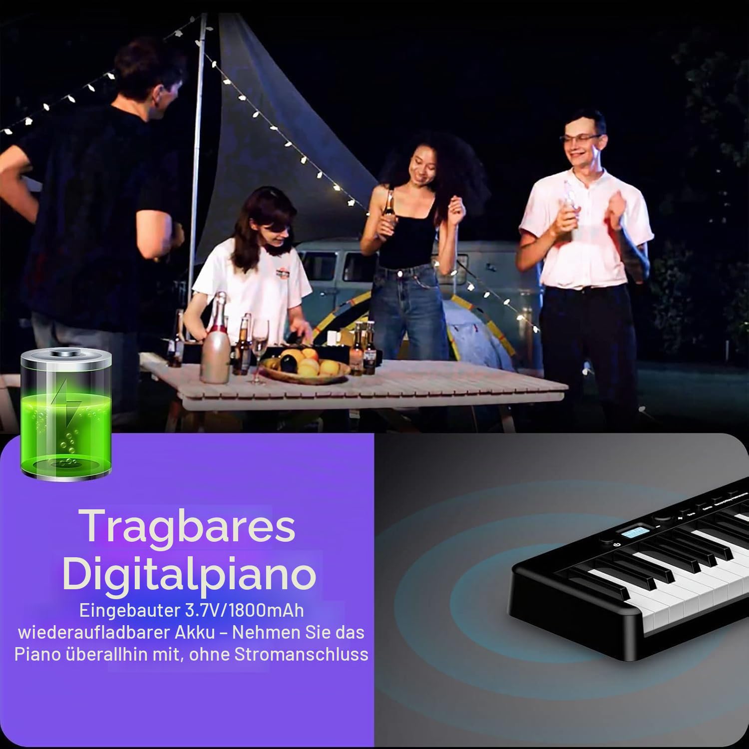 TERENCE E-Piano 88 Tasten faltbar halbgew. BT/MIDI 1800mAh | Keyboard Piano Inkl. Pedal, Notenständer, Audiokabel. 8h Akku. Perfekt für Anfänger, Zuhause oder unterwegs