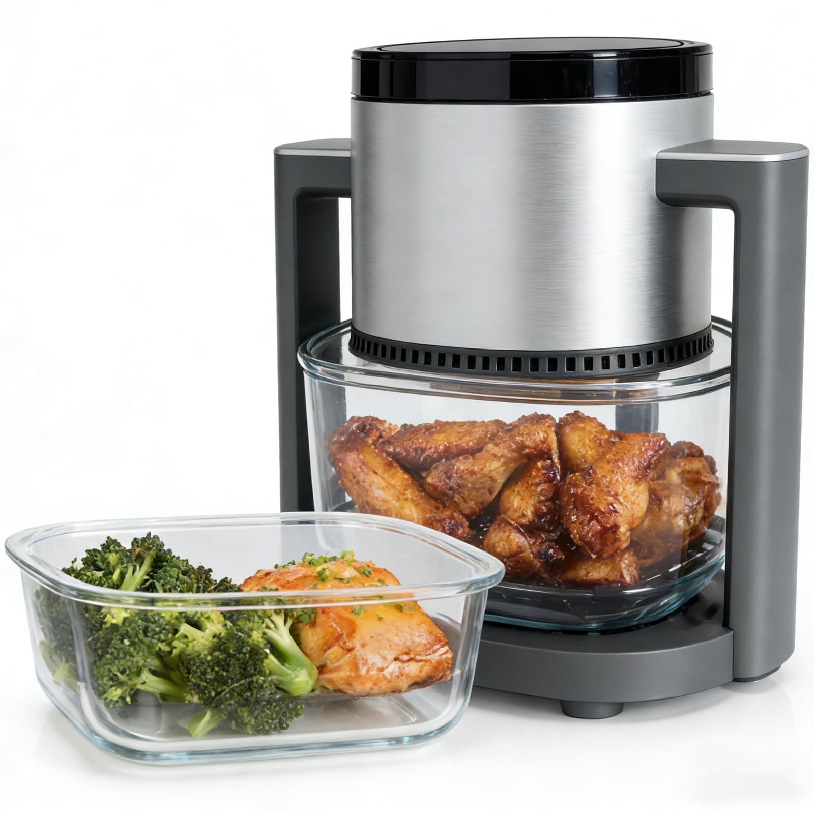 Simple Deluxe glass air fryer with 360 visible glass bowl in silver