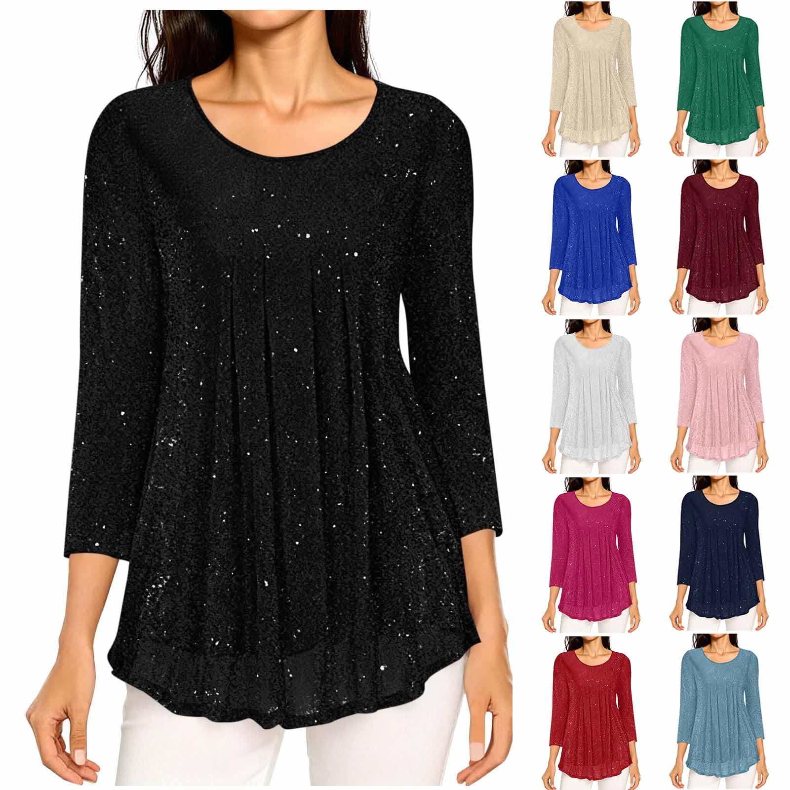 HUYTERTDR Women's Sequin Tops Elegant 3/4 Sleeve Sparkly Glitter Double Layers Flowy Mesh Shirts Casual Crew Neck Pleated Tunic Top Trendy Dressy Shirt Party Wear Loose Fit Blouse Black