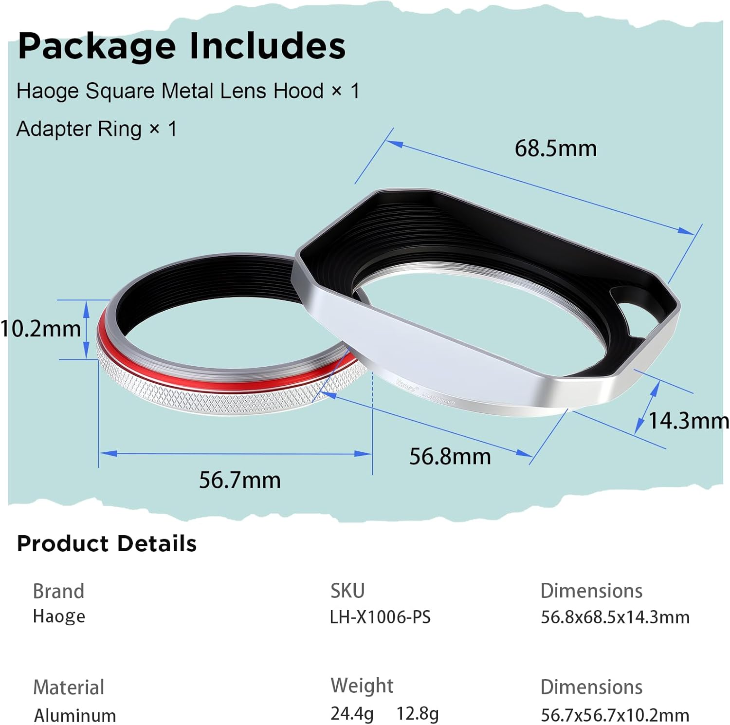 Haoge Square Metal Lens Hood for Fujifilm X100VI X100V X100F X100T X100S X70 Fuji Photo Camera Accessories Silver with 49mm Uv Filter Adapter Ring Hollow Out Designed LH-X1006-PS - Image 6