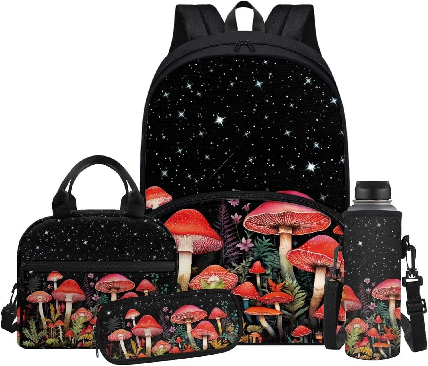 Classic Mushroom Backpack for Girls Backpack with Lunch Box Insulated and Pencil Box Water Bottle Wear-resistant Large Capacity Purse Backpack for Girls 17inch Cute School Bag