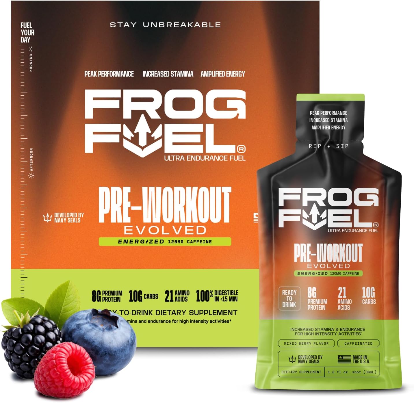 - Frog Fuel Ultra Energy Gel & Energized Pre Workout Shot with 120mg Caffeine, 1500mg Beta Alanine, Electrolytes 8g Protein Nano-Hydrolyzed Grass Fed Collagen, 10g Carbs, Berry, 1.2 oz Packets, 24 Pack