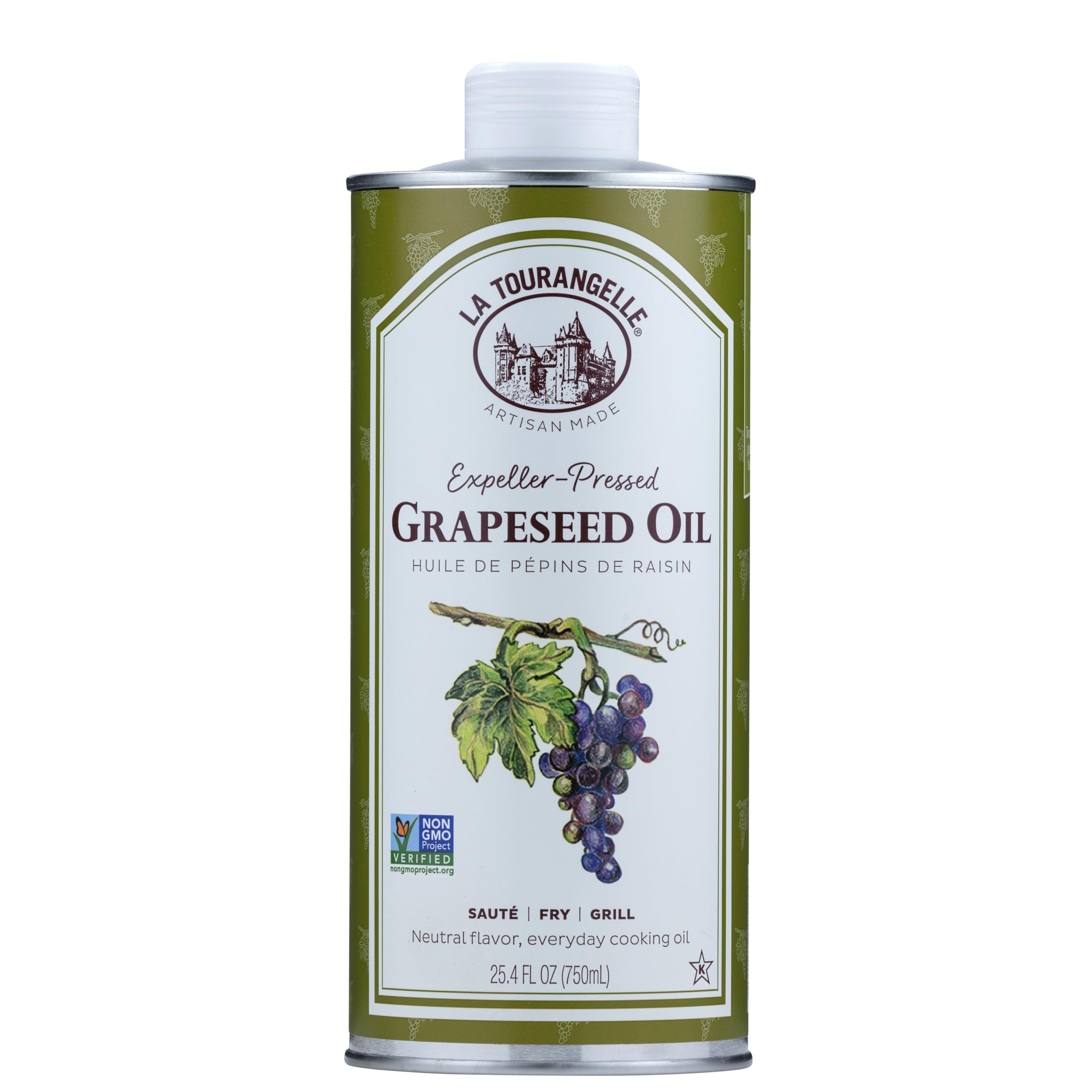 La Tourangelle, Expeller-Pressed Grapeseed Oil, High Heat Neutral Cooking Oil, Cast Iron Seasoning, Also Great for Skin, Hair, and DIY Beauty Recipes, 25.4 fl oz