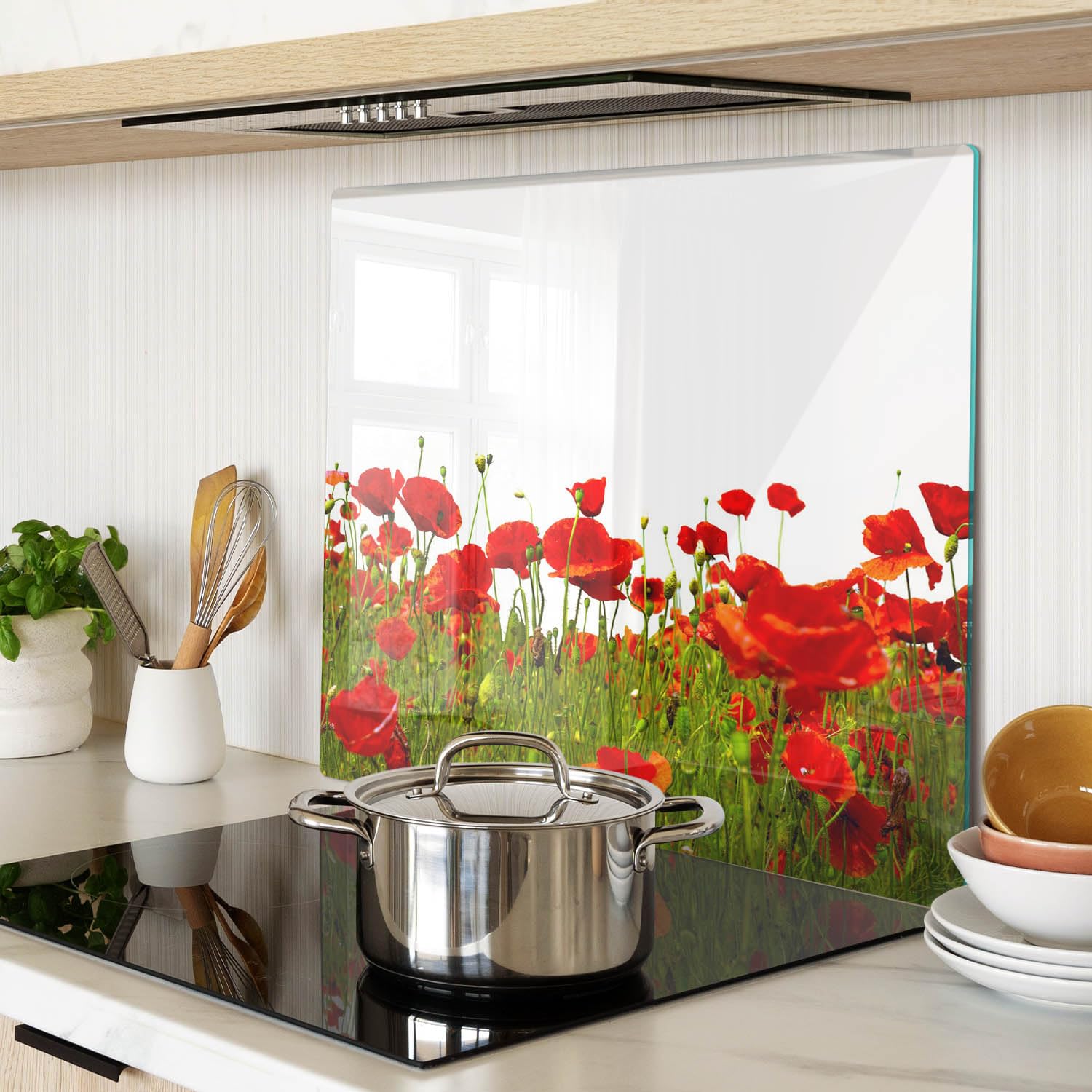 Küchenbrett Glas 60x52 cm Lebensmittelecht Rutschfest Silikonfüße Antibakteriell Dekorativ Dünn Glasplatte Hitzebeständig für die Küche Gehärtetes Glas Plastikfrei - Feldmohn