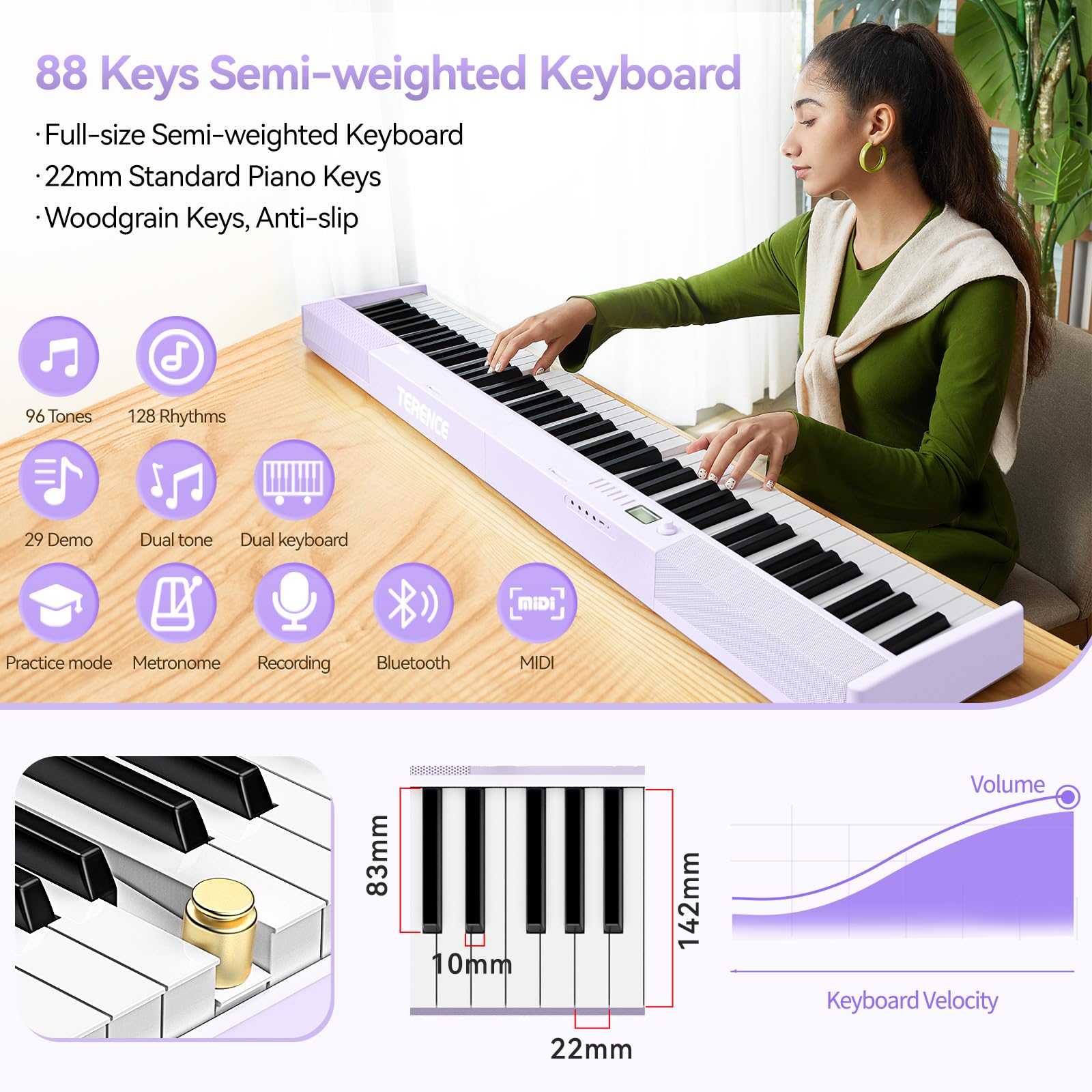 TERENCE Piano Plegable de 88 teclas con batería de 1800mAh 2x5W Altavoces Pedal Piano Bluetooth interfaz MIDI soporte para partituras bolsa adhesiva cable de audio pedal piano púrpura
