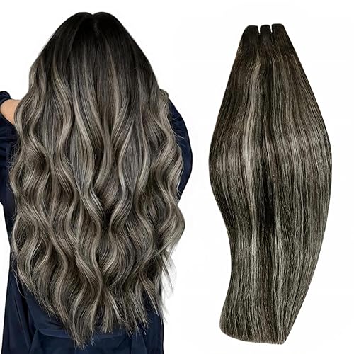 RUNATURE Extensiones de cabello humano con trama balayage, mezcla de color negro y plateado con raíces negras, 20 pulgadas, 3.53 onzas, extensiones