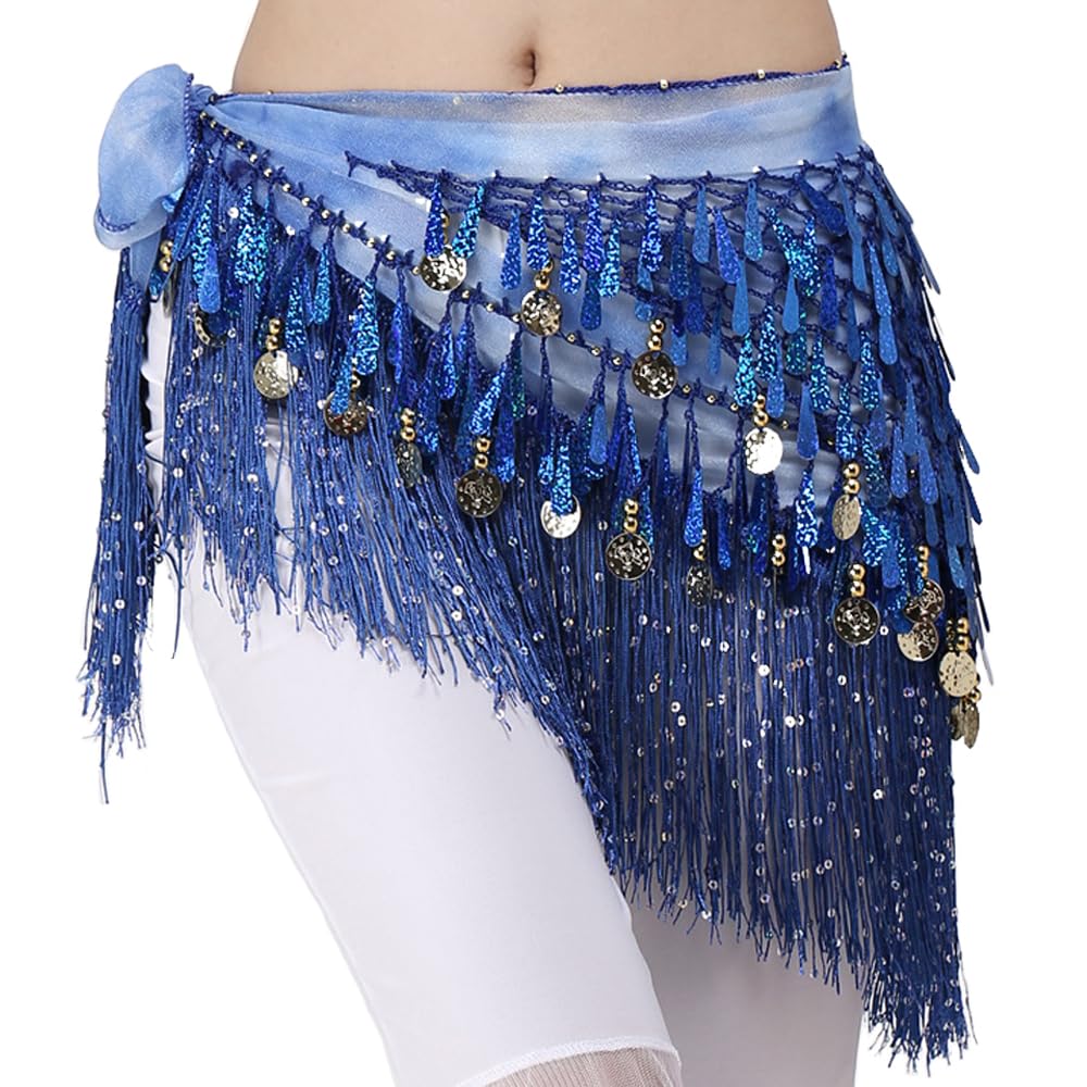 Belly Dance Hip Scarf with Tassels Sequins, Triangle Coins Wrap Skirt Music Festival Clothing, Royal-blue, One Size