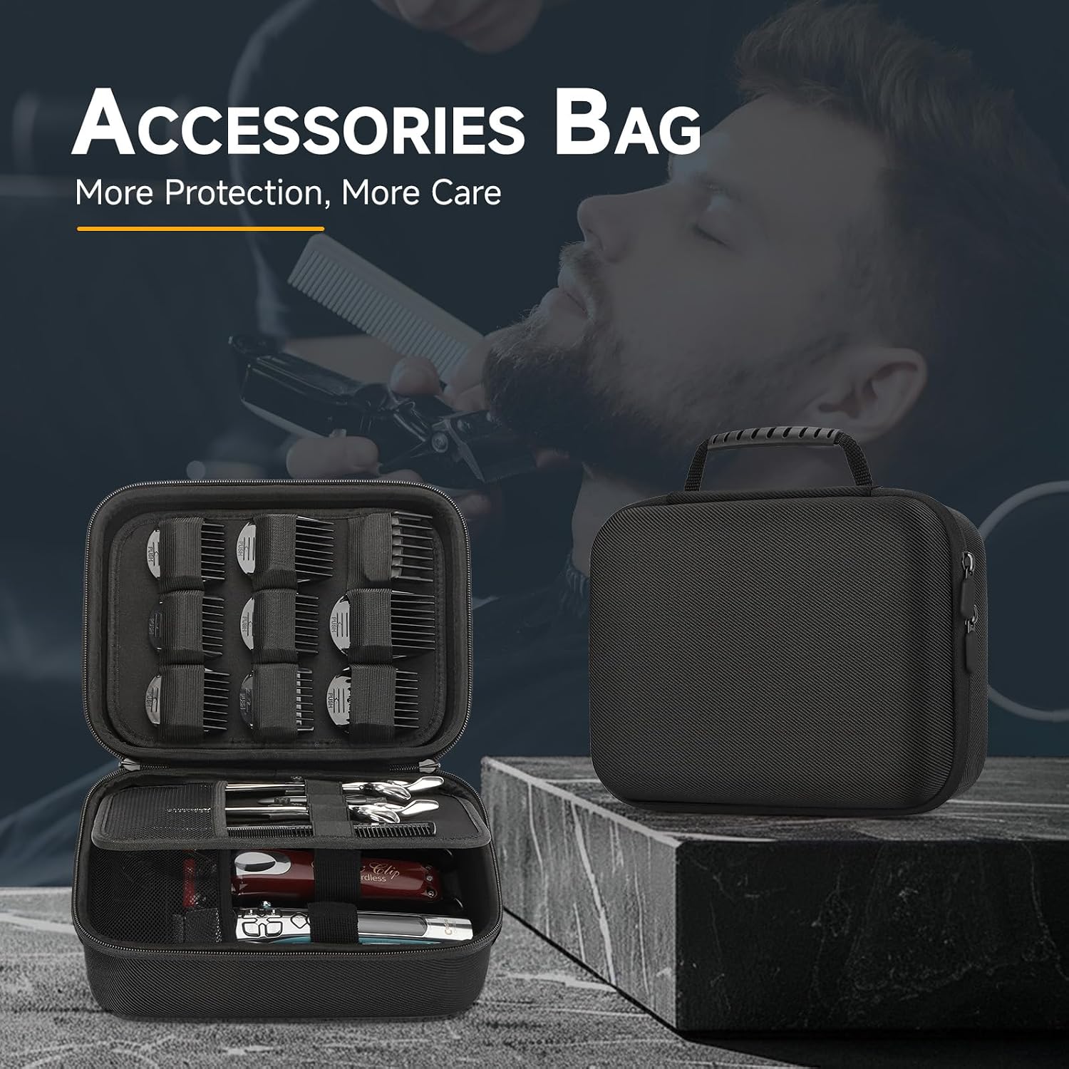 MOSLA Hard Barber Accessories Case for Hair Clippers, Mens Hair Cutting Barber Supplies Holder Organizer Storage Bag for Hair Cutting, Guard Grooming Kit (Nylon Black)