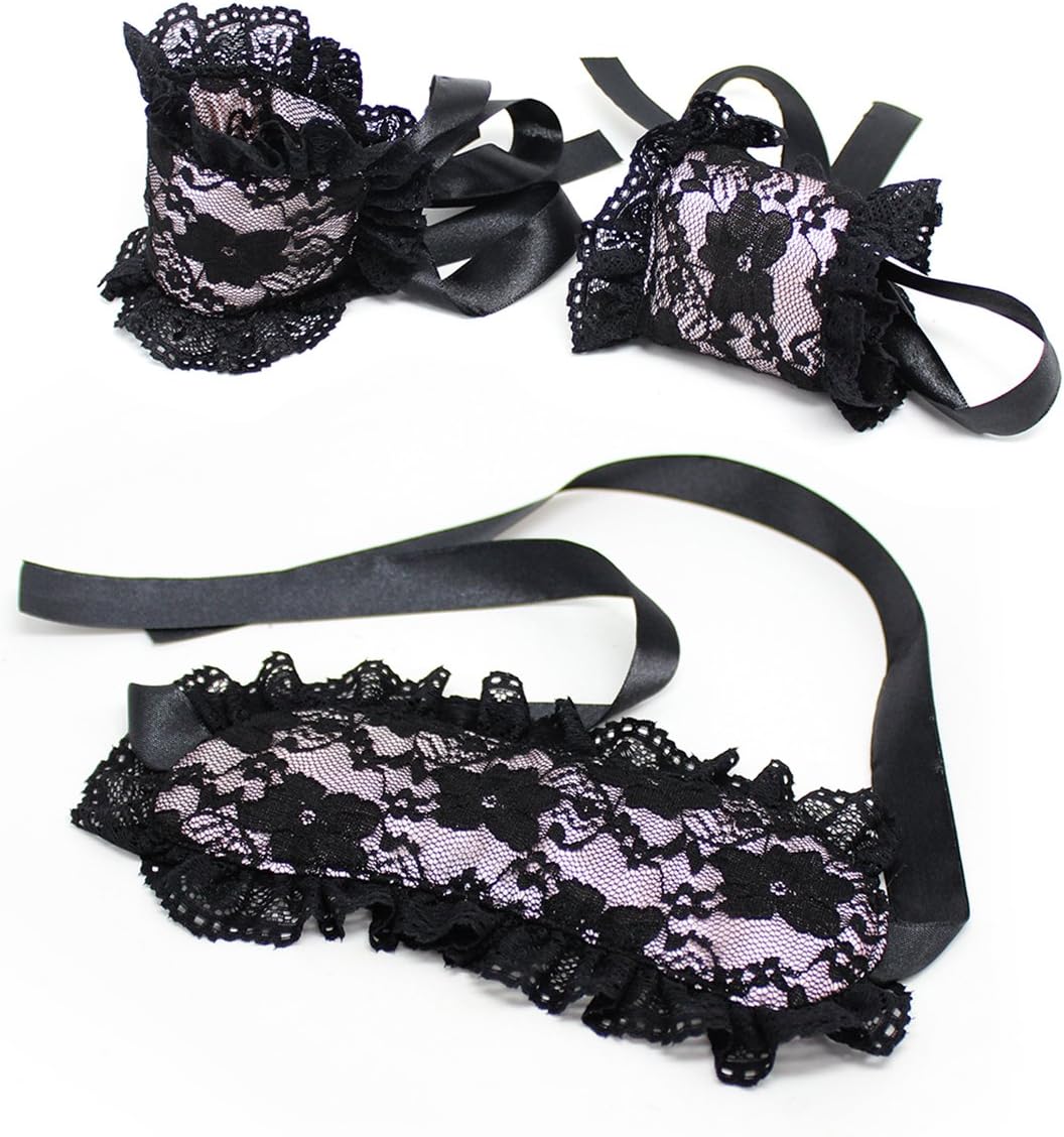 Finov Role Play Handcuff Lace Blindfold Set (Black Pink)