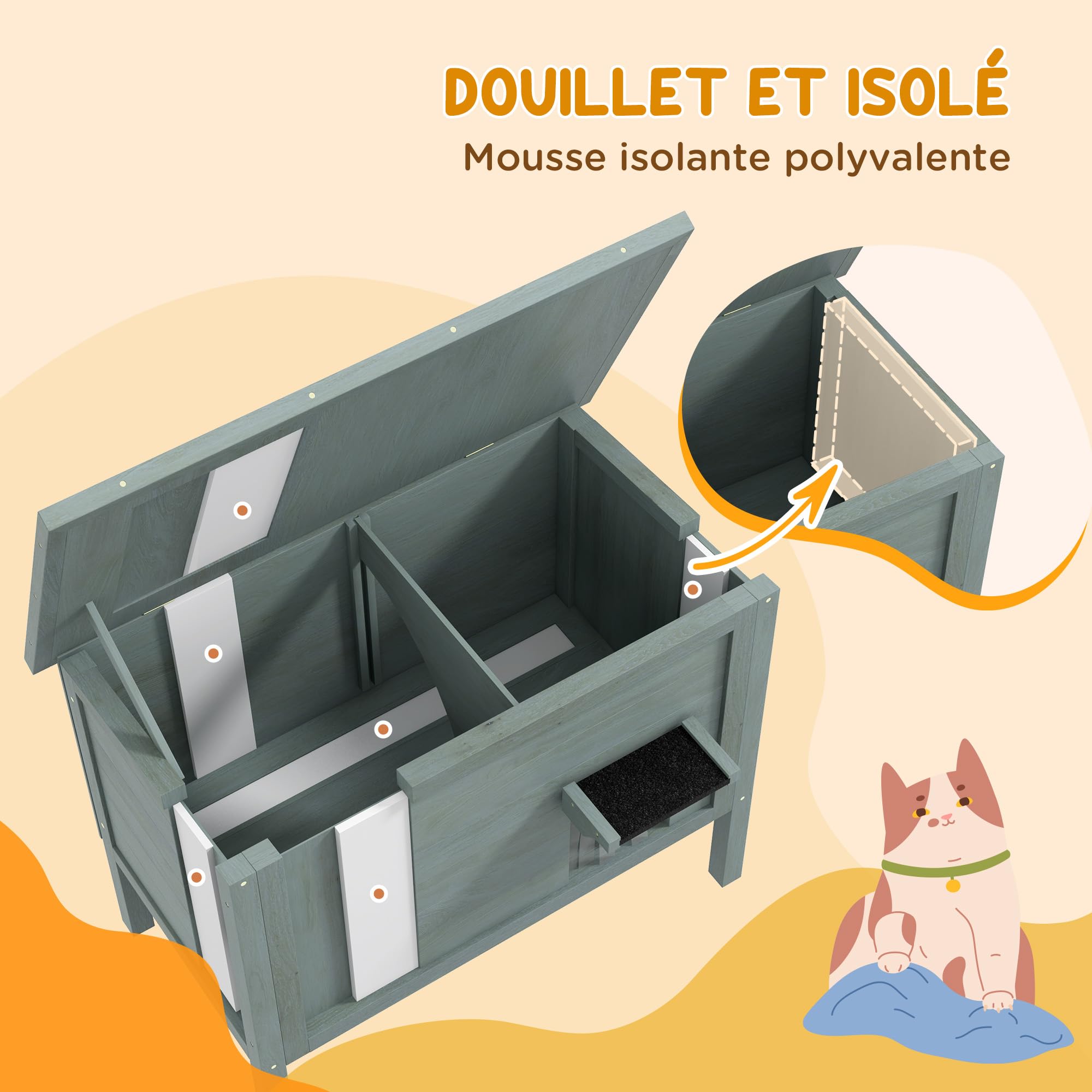 PawHut Maison pour Chats Niche d'extérieur en Bois surélevée avec Toit ouvrable, isolée avec Toit Asphalte, 85 x 50 x 68,5 cm, Gris foncé et Noir