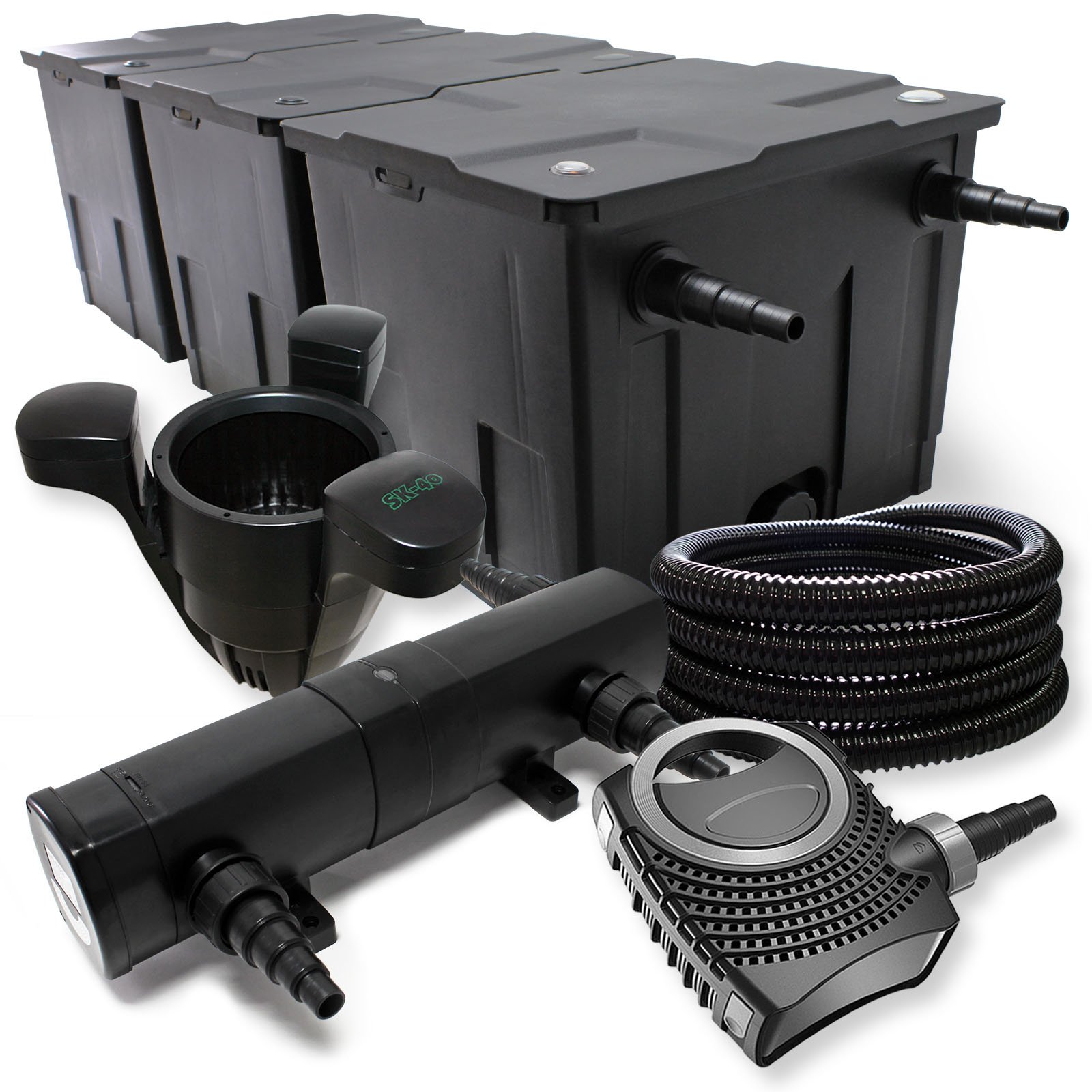 WilTec Kit Complet: CBF-350C Filtre de Bassin jusqu'à 90000L Biologique, NEO10000 Pompe de Filtration 10000l/h 80W, CUV-224 Lampe UV 24W, 25m Tuyau 25 mm, SK-40 Écumeur 3000l/h 60W