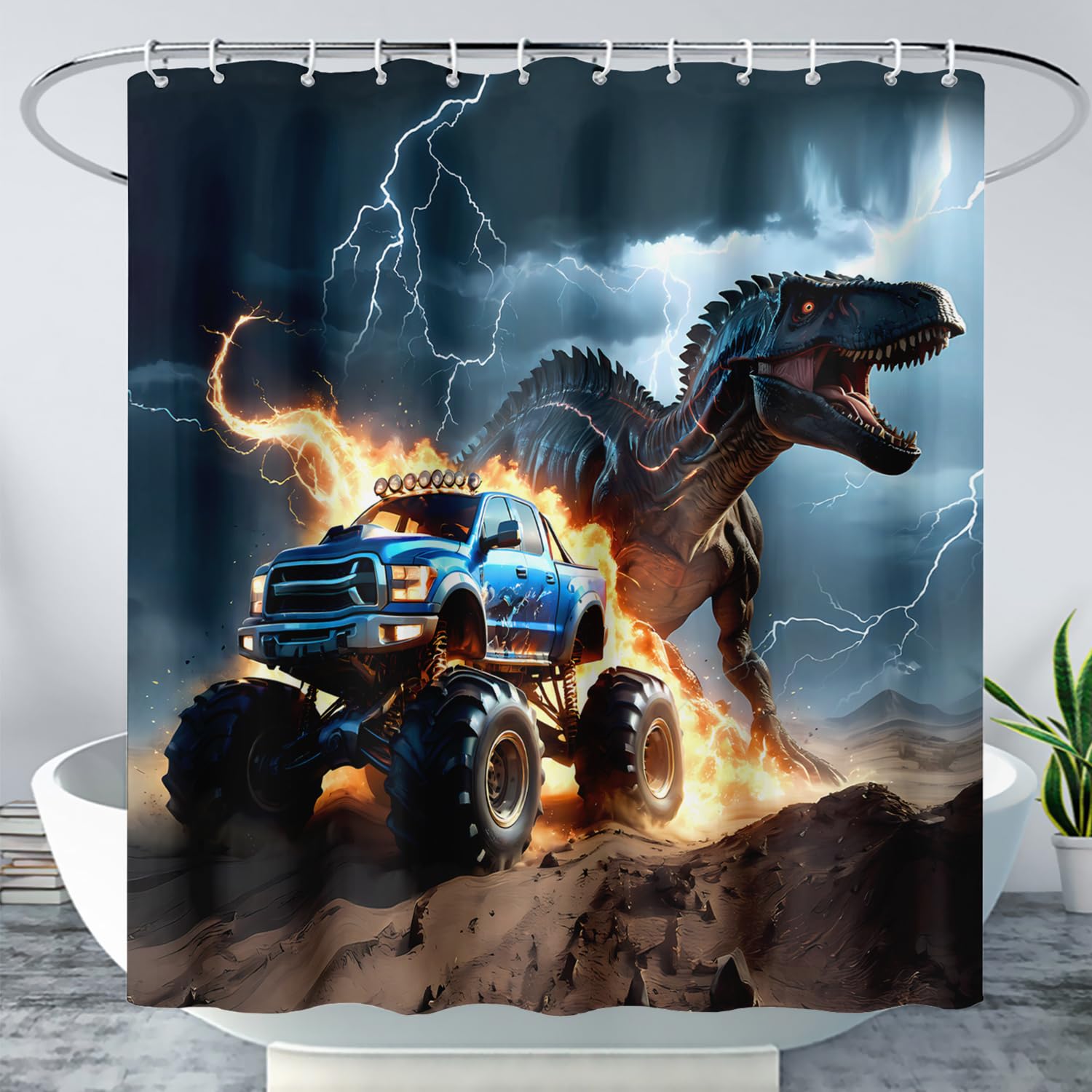 AILONEN Boys Dinosaur Shower Curtain, Monster Truck Bath Curtain,Lightning Roaring Dinosaur Kids Shower Curtain,Waterproof Curtain Bathroom 72