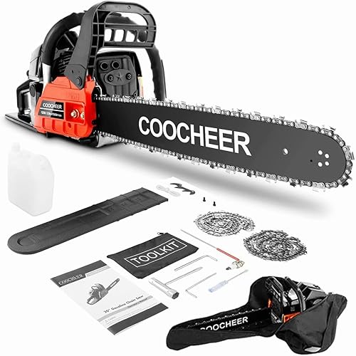 COOCHEER Motosierra de gas de 62 CC de 20 pulgadas de potencia de 12000 rmin de 2 ciclos de 3.5 HP con bolsa de transporte y kit de herramientas