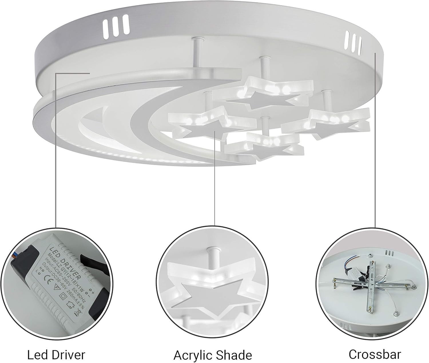 Review Product Creative LED Flush Mount Ceiling Light, CraftThink Acrylic Chandeliers Moon Star Shape Lighting for Living Room Bedroom Kids Room (Color: Warm Light, Size: 16inch )