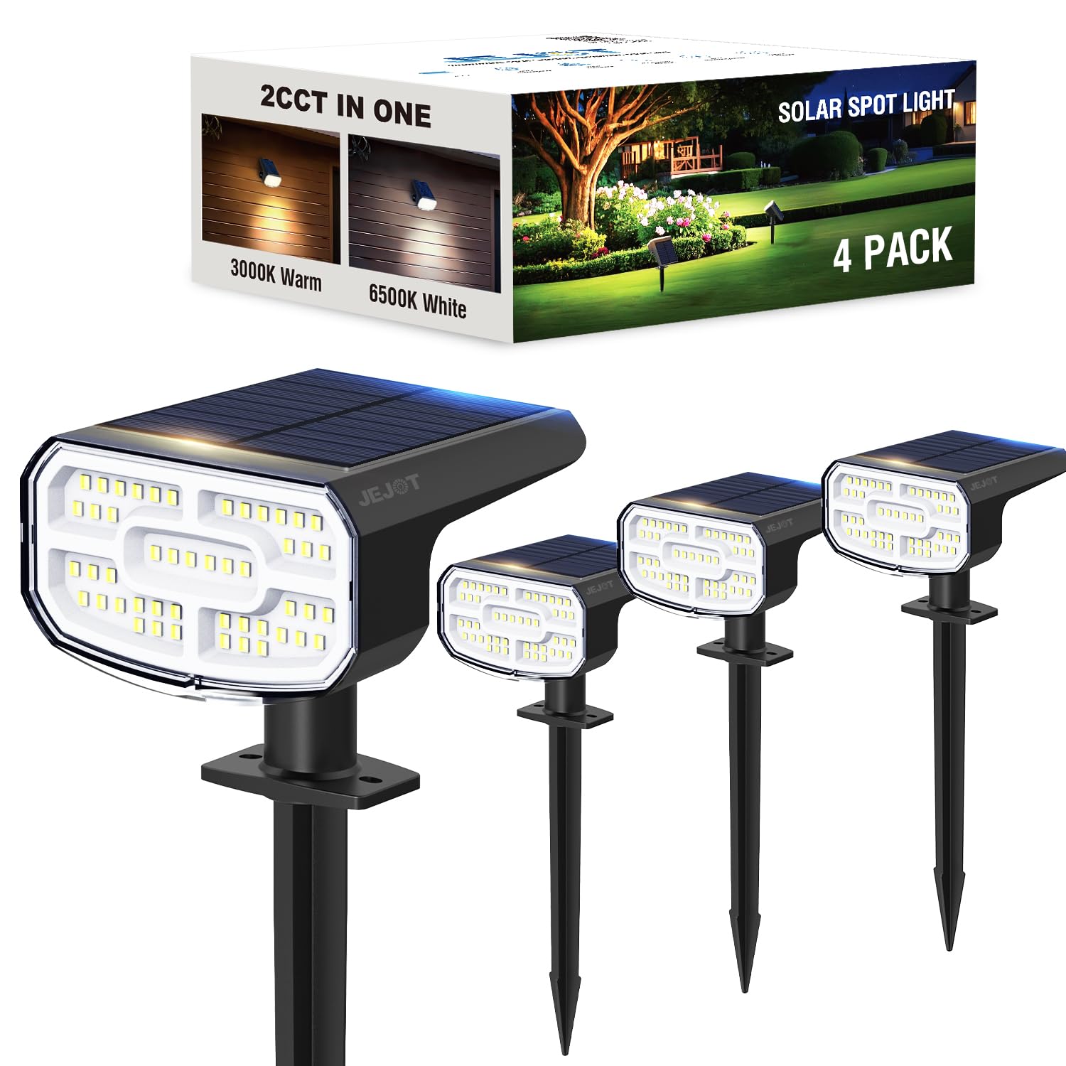 JEJOT Solar Spot Lights Outdoor Waterproof IP65,4 Pack,2CCT(3000K