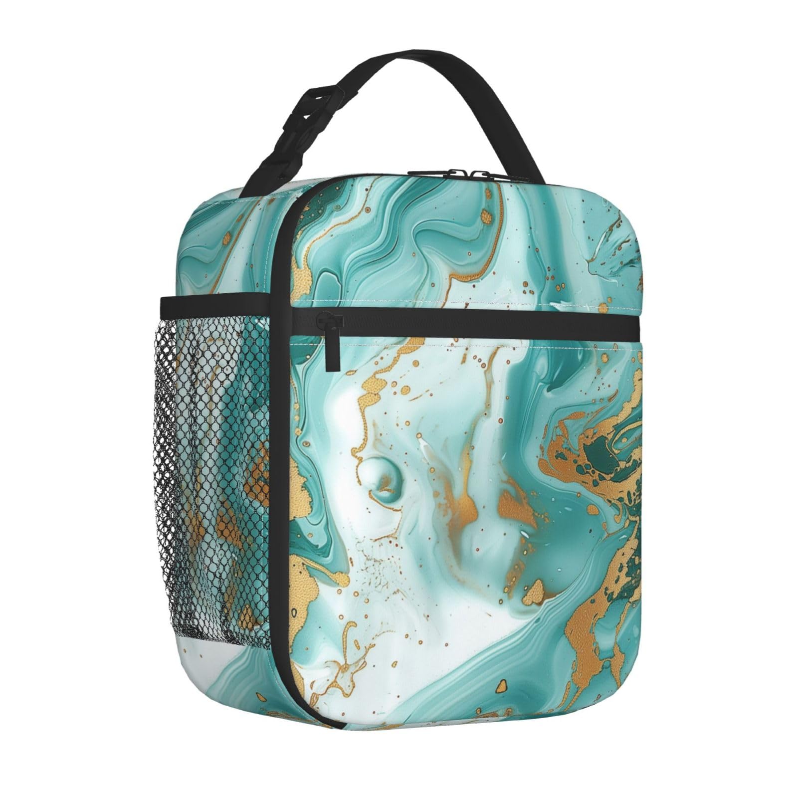 Mexpekil Teal Gold Marble Insulated Lunch Bag for Women Men Thermal Lunch Box Portable Picnic Cooler Bag with Side Mesh Pocket Adults Lunchbox for Work