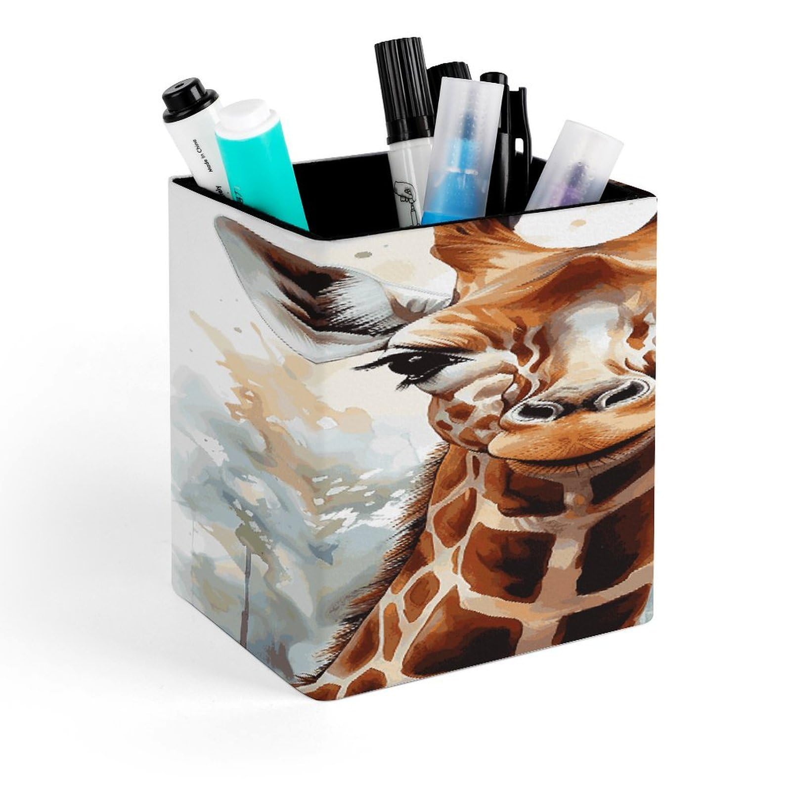 FekiLoot Watercolor Deer Giraffe Pencil Holder for Desk Square Leather Pen Holder Cup Desktop Organizer Multi-Functional Pencil Cup Holders Modern Decorative Desk Organizer Caddy Makeup Brush Holders