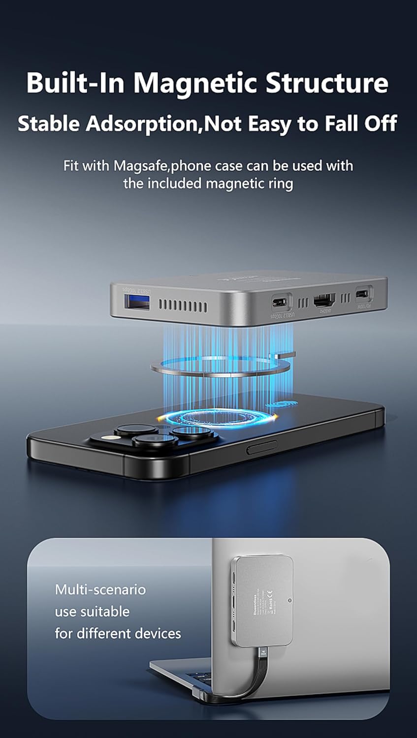 Magnetic Docking Multifunctional Station with M.2 NVMe SSD Enclosure, 10Gbps USB C Hub, 4K60Hz HDMI, SD/TF Card Reader, 100W PD Charging