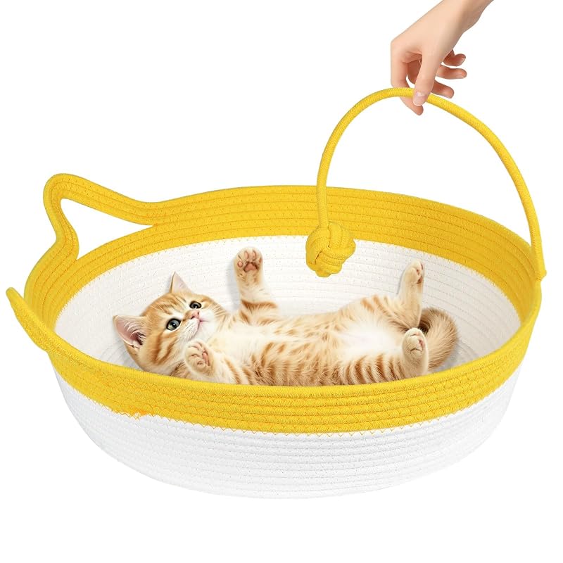 Cama para Gatos de Corda de Algodão Trançada WEAVELYRICS Amarelo-Escuro e Branco, Tamanho Grande