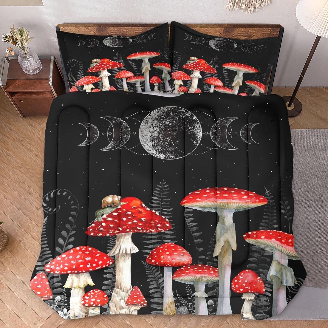 WeCozy Full Size Comforter Set with 2 Pillowcases, Mushroom Wildflower Dandelion 3 Pcs Bedding for Kids and Adults, Flower Summer Moon Phases Soft Comforter Set for Bedroom Bed Decor