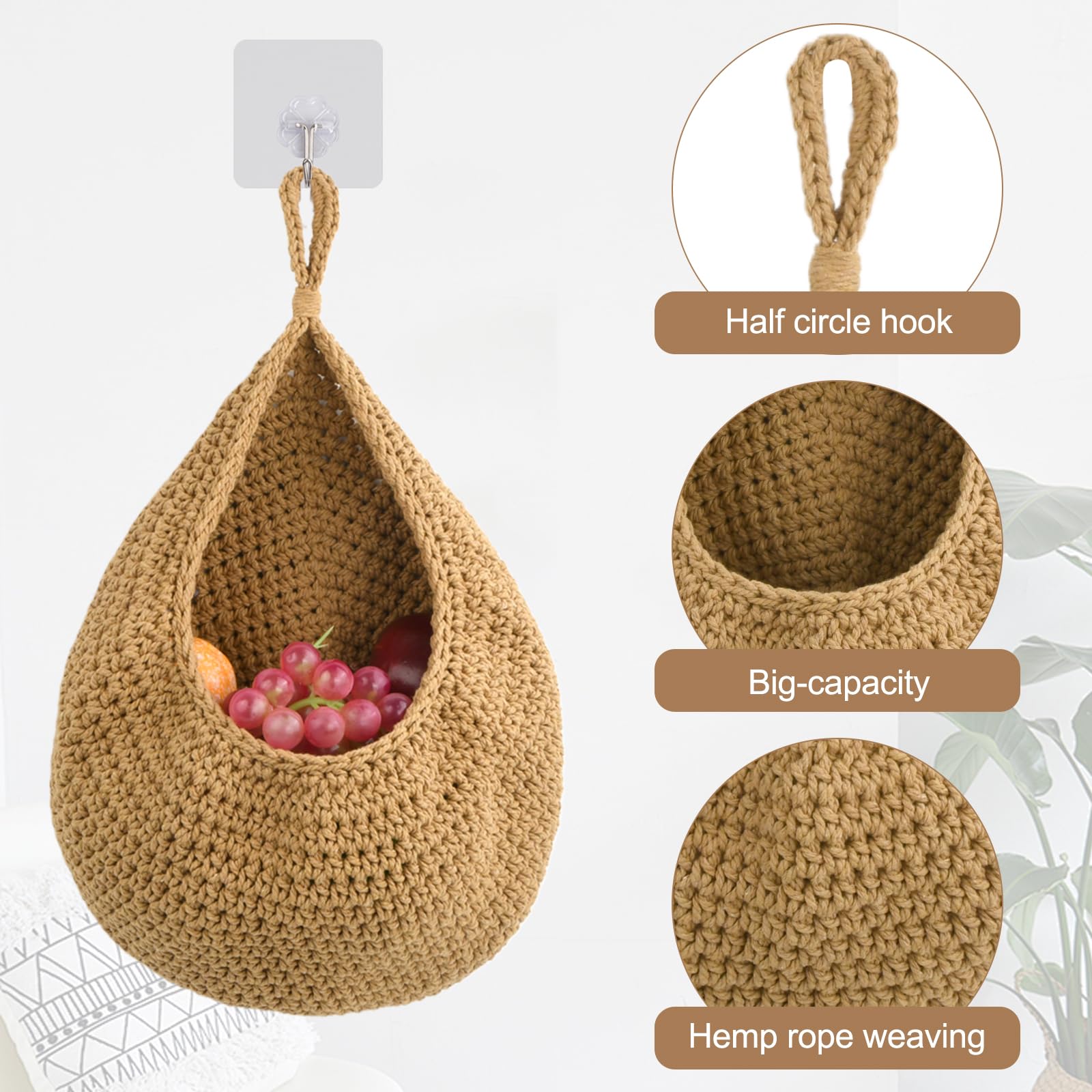 3 Stück Obstkorb Hängend, Hängekorb mit Haken und Klebehaken, Boho Wandkorb Korb Geflochten Obstkörbe, Hängekorb Küche für Aufbewahrung von Obst und Gemüse, Organisieren und Dekorieren (S+M+L)
