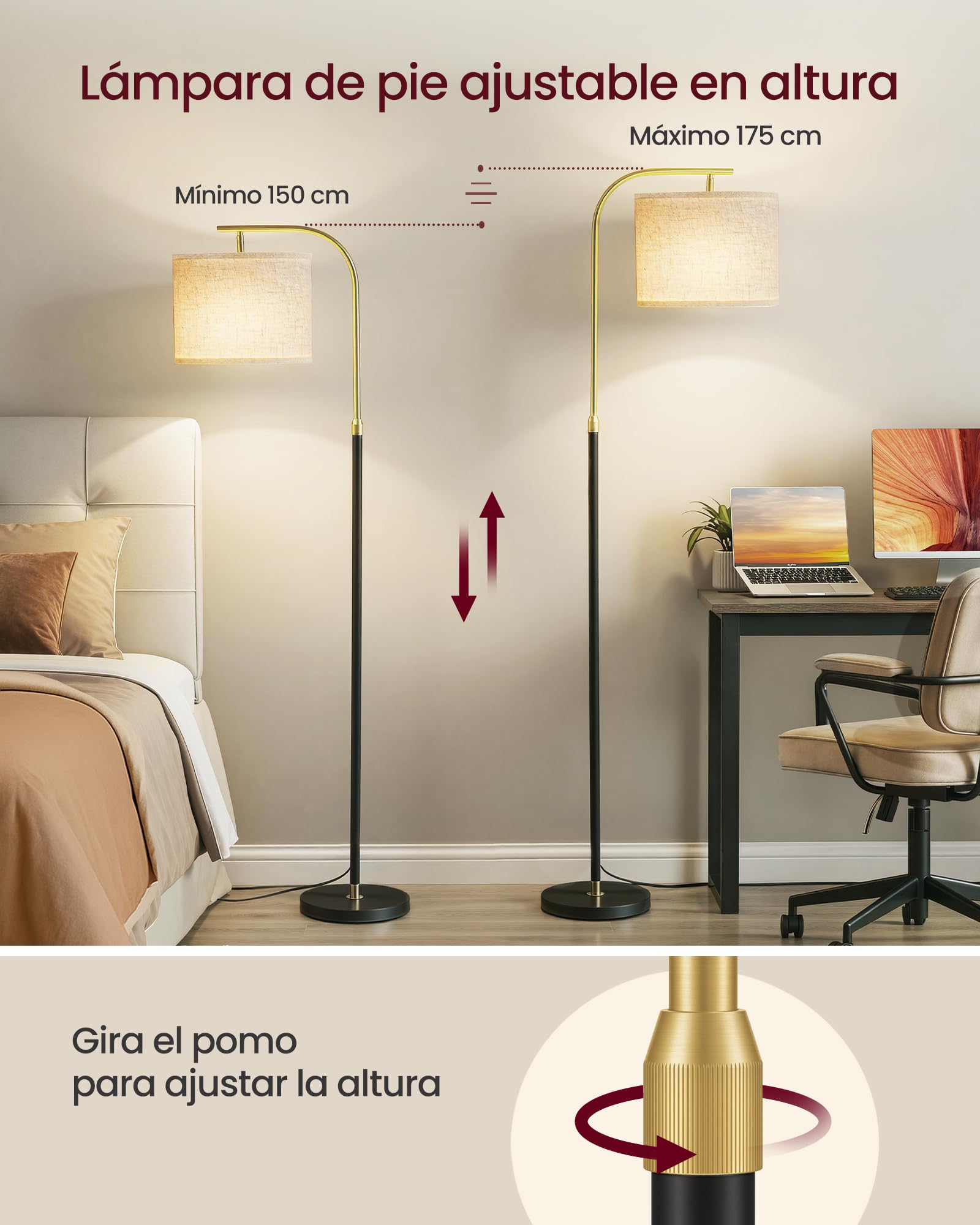 VASAGLE Lámpara de Pie de Arco, Lámpara de Lectura Regulable en Altura, 150-175 cm de Altura, Moderna, con Interruptor de Pedal, Pantalla de Tela, Casquillo E27, Negro Mate LFL006BD02