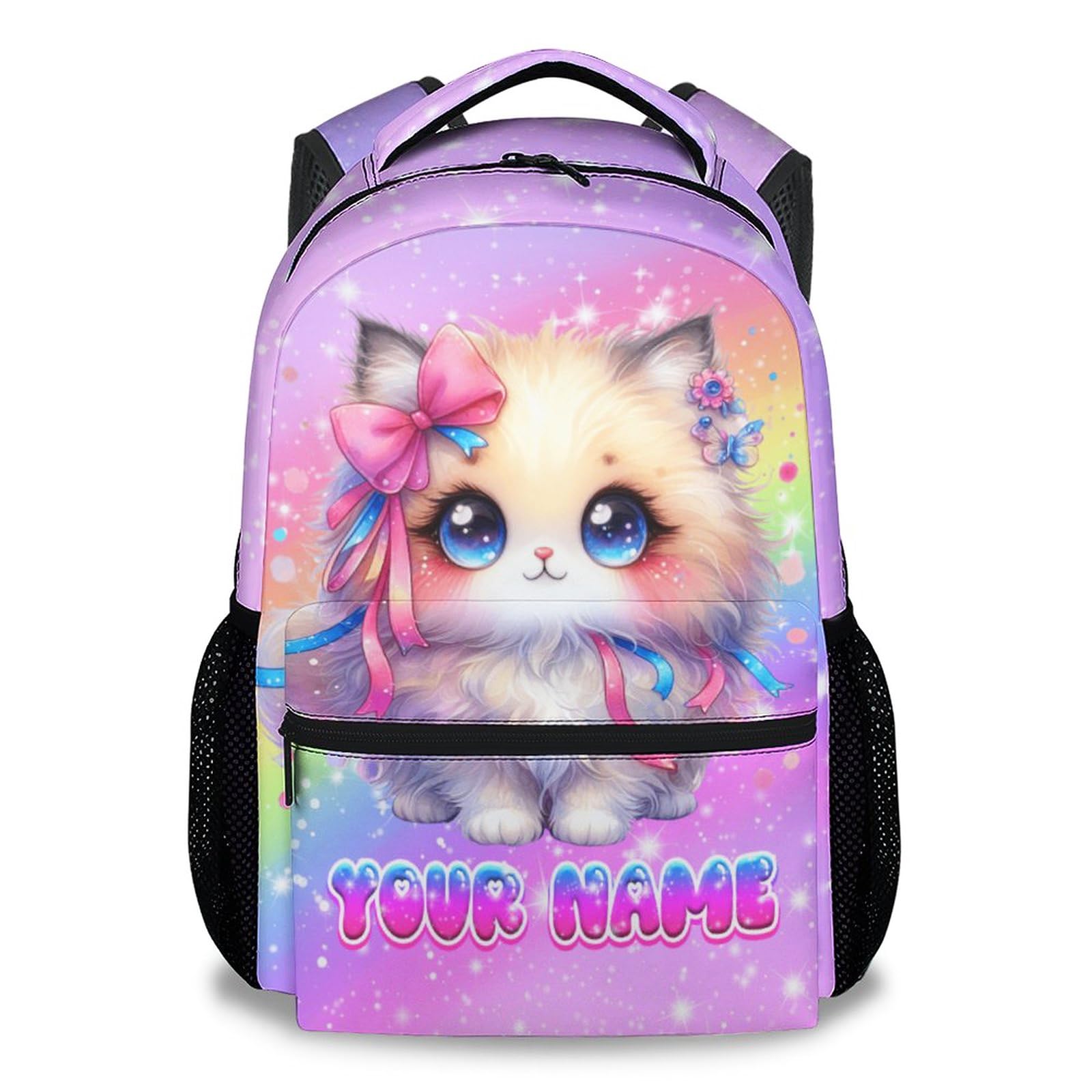 AIOMXZZ School Backpack for Girls, Personalized Cat Backpack for Kids, 17" Cute Rainbow Bookbag for Toddler, School Bag for Preschool Kindergarte