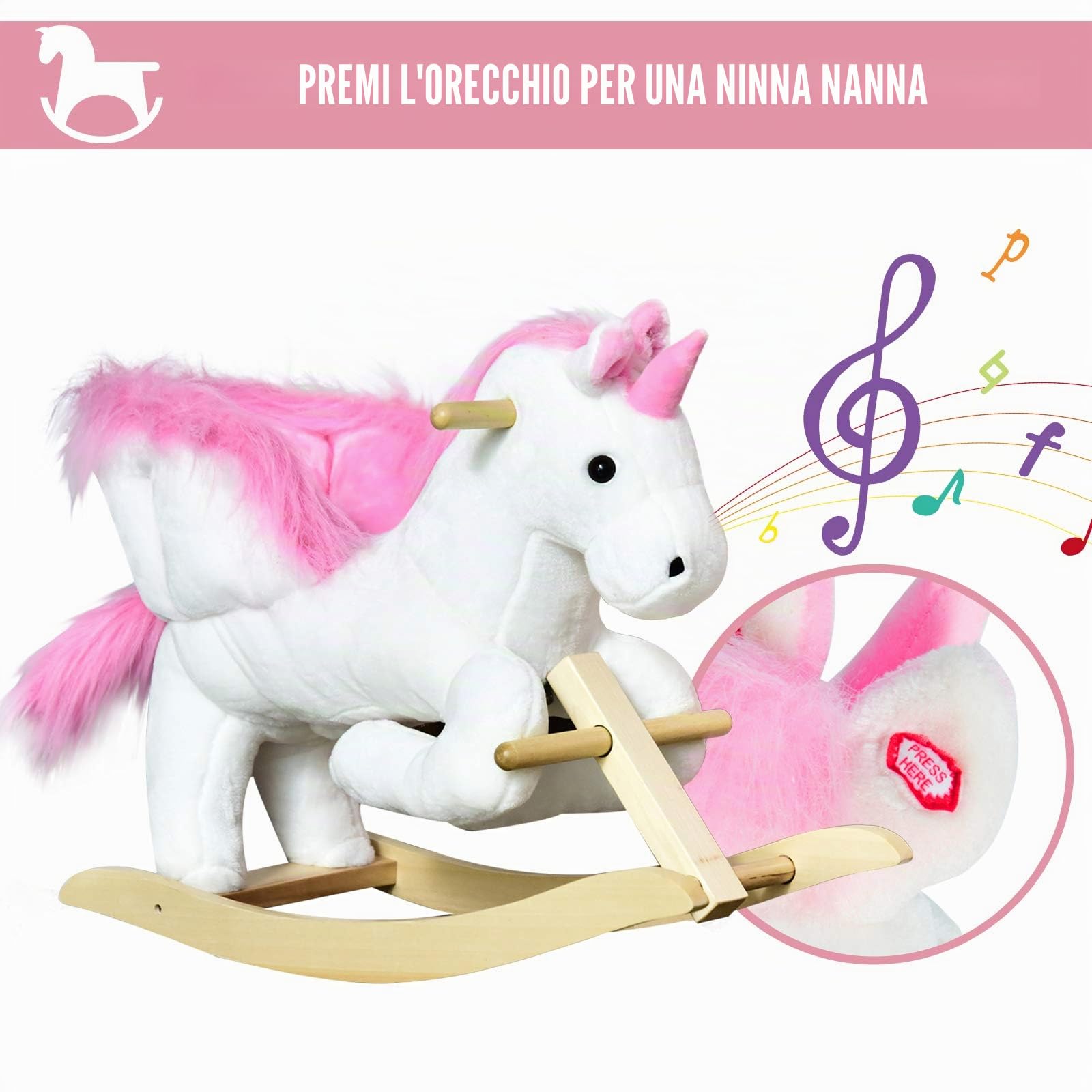 HOMCOM Cavallo a Dondolo a Forma di Unicorno con Musica, Struttura in Metallo e Legno, Rivestimento Peluche, 69x32x57cm, Bianco Rosa