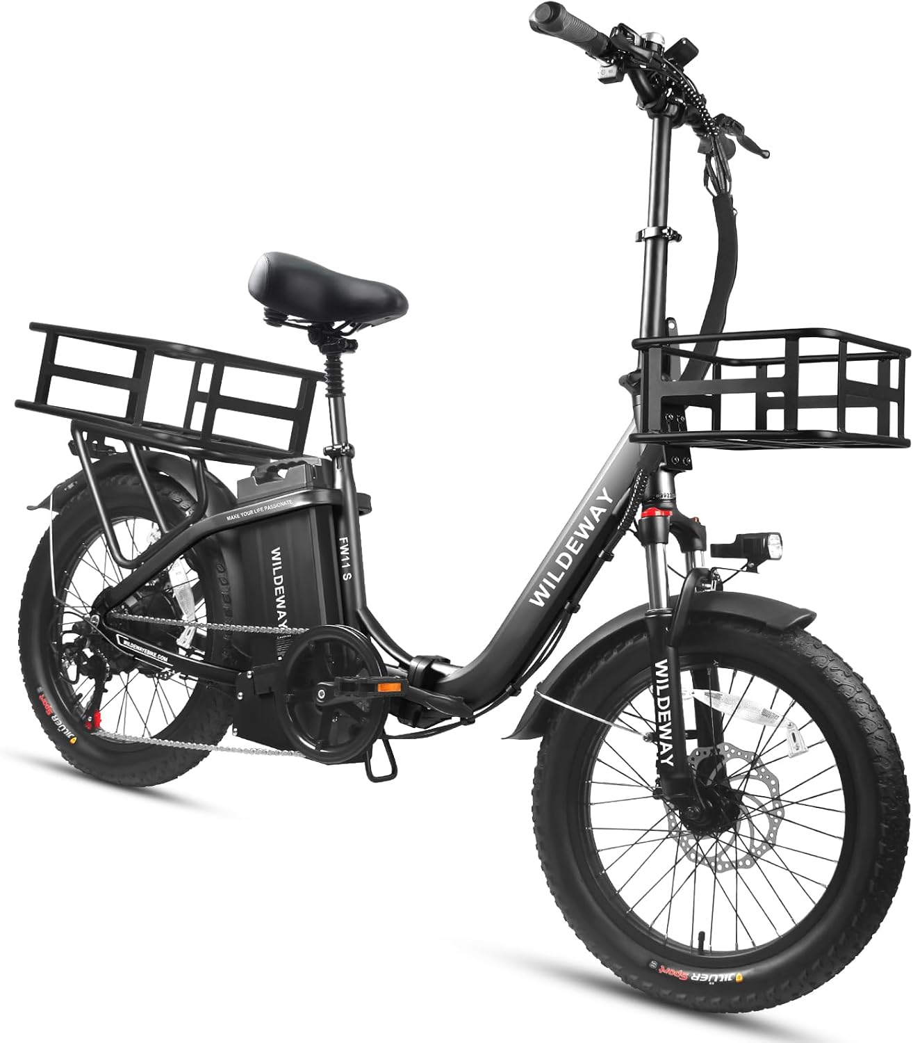 Wildeway Folding Electric Bike for Adults with 750W Motor 32Ah Battery Long Range FW11 Ebike 20 * 3.0 Fat Tire Foldable Adults Electric Bicycle City Commuter Delivery Black Bike with Baskets