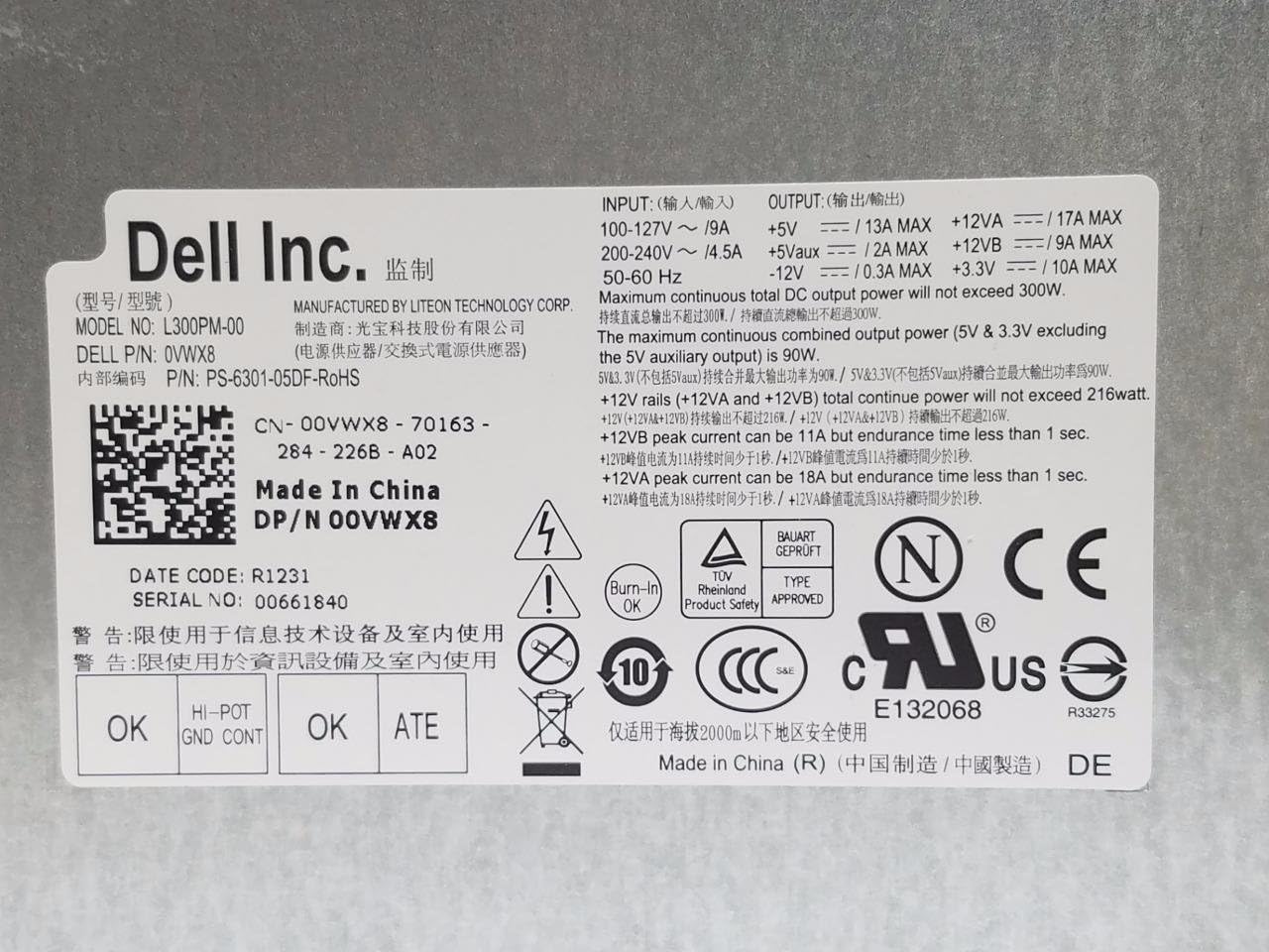 OEM Genuine Dell Vostro 270 Mini Tower 300W Power Supply Unit L300PM-00 0VWX8