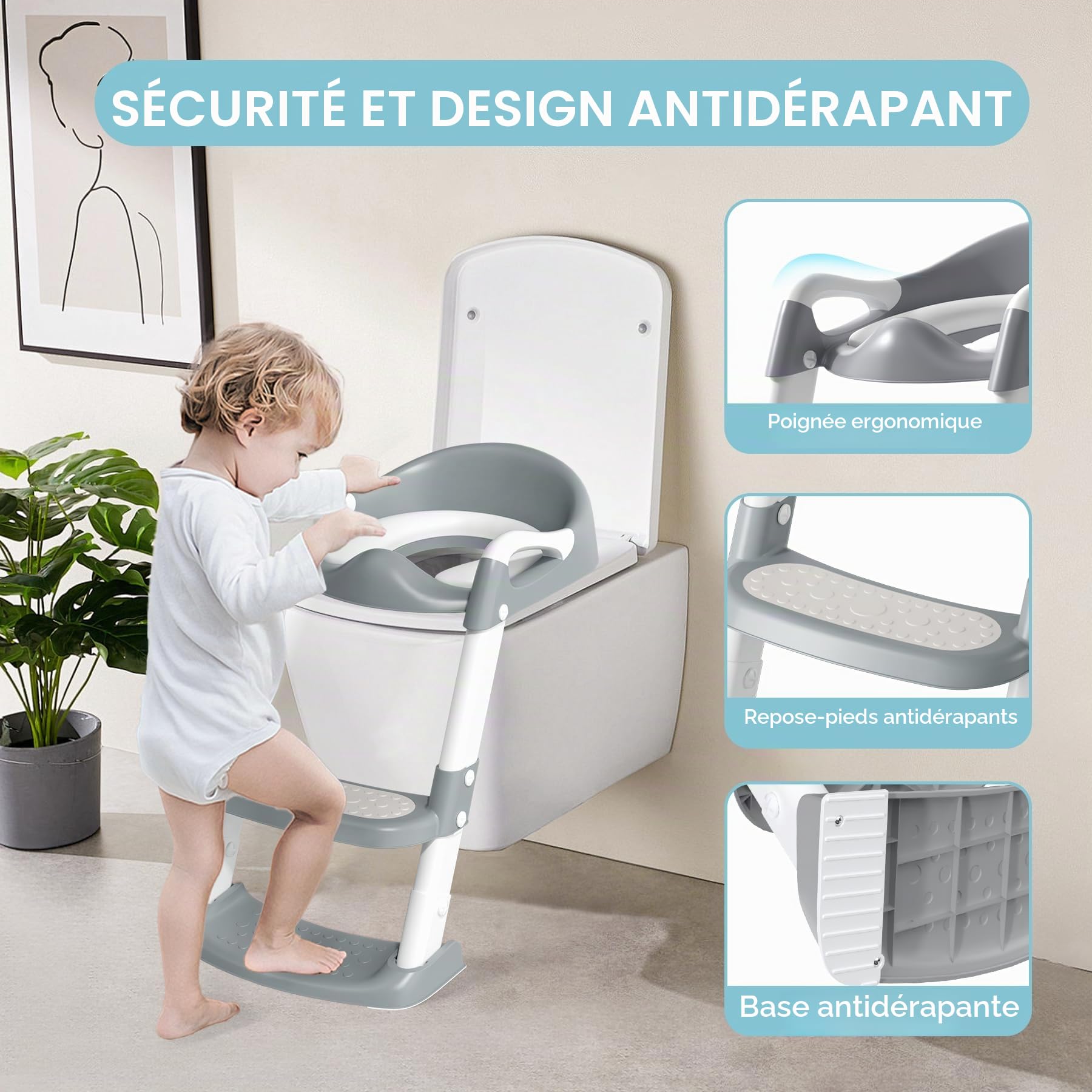COOSEYA Reducteur Toilette Enfant,Rehausseur Toilette Enfant Bebe pour Les Garçons et Les Filles, Réducteur WC Filles Garçons Pliable Antidérapant Coussin doux Anti-éclaboussures (Gris)