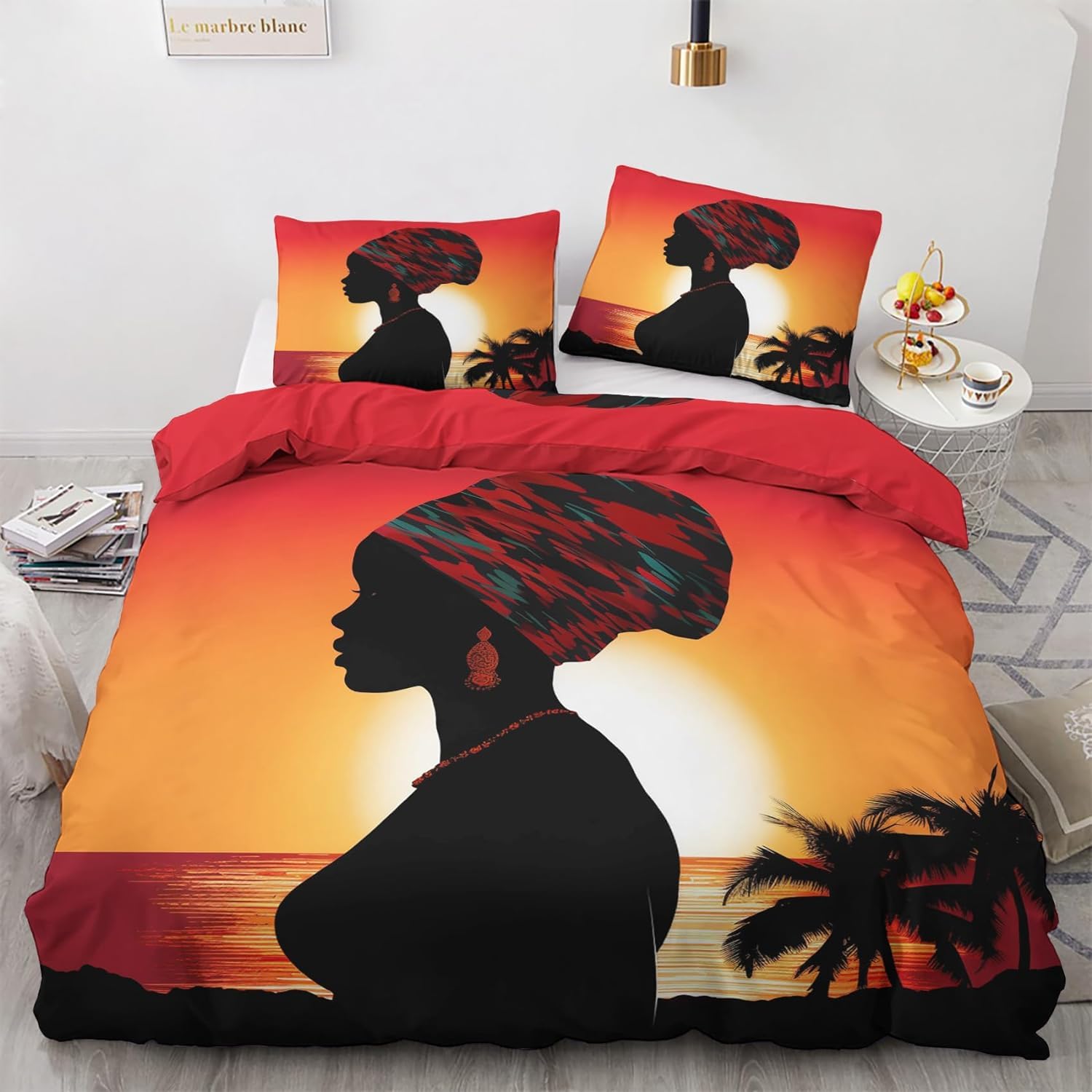 Housse de Couette 220x240 Femme Africaine avec 2 Taies d'Oreiller Parure de Lit Microfibre C-4060