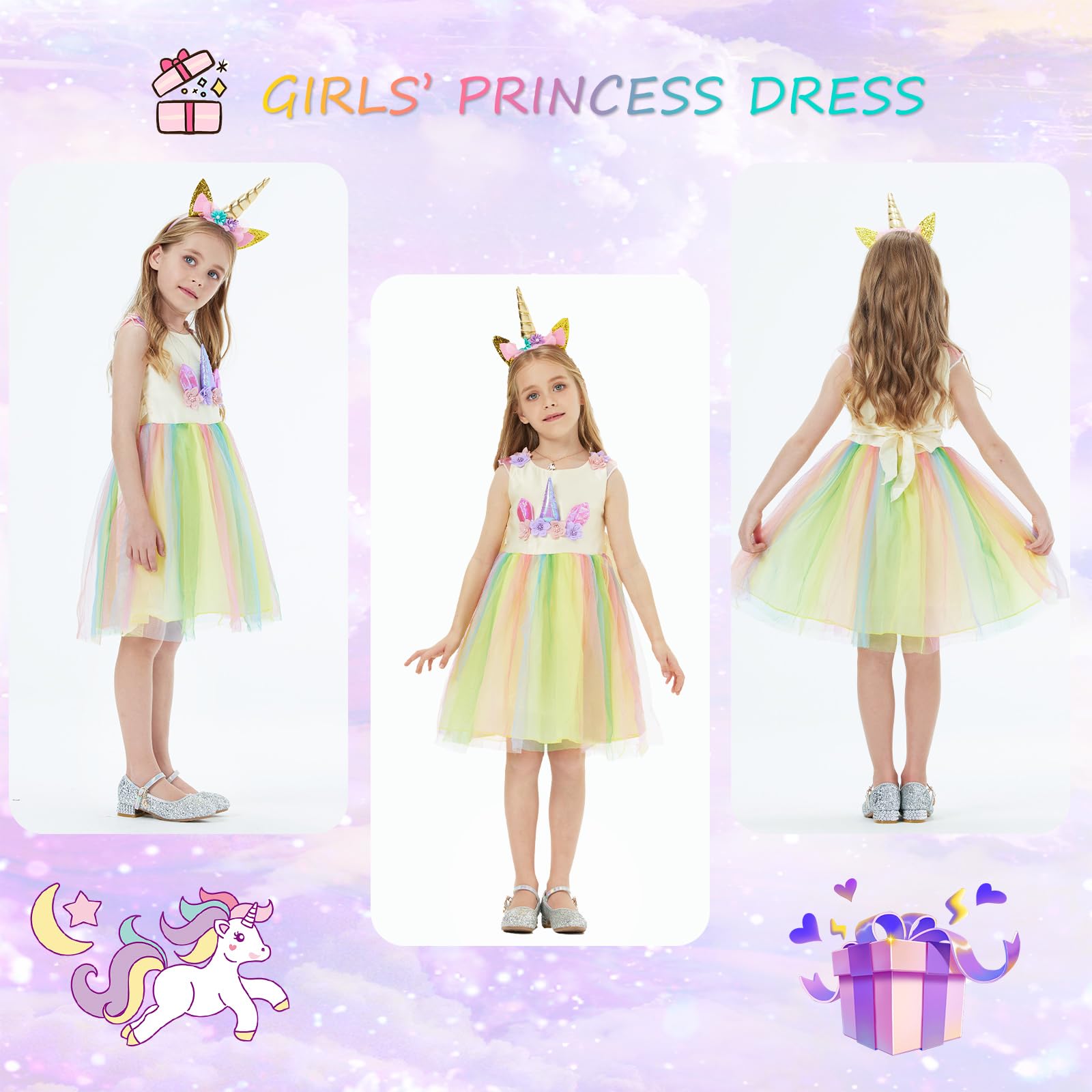 URAQT Vestito da principessa, da bambina, per cosplay, carnevale, feste, matrimoni, principessa, con collana e fascia