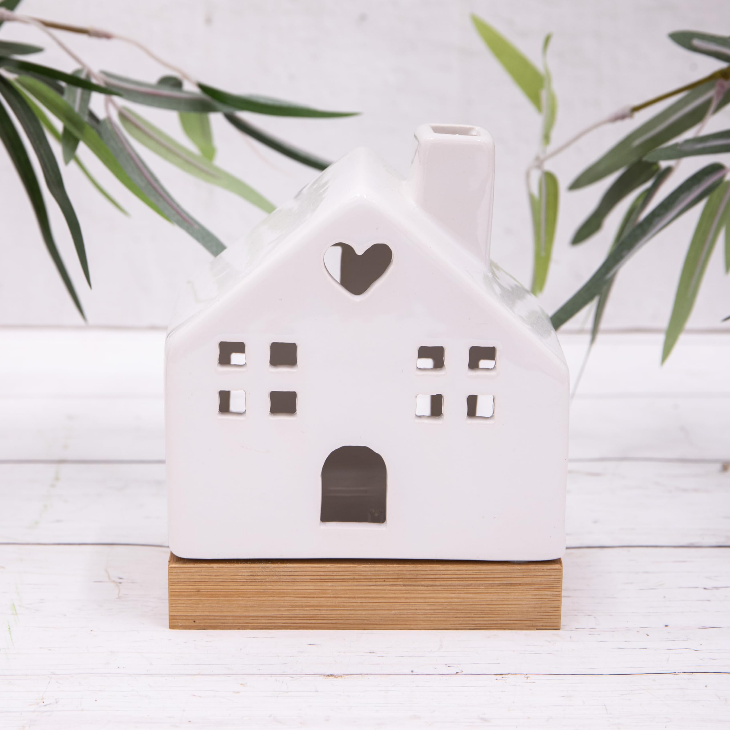 LED White Ceramic Village House Light up Christmas Ornament Wood Base