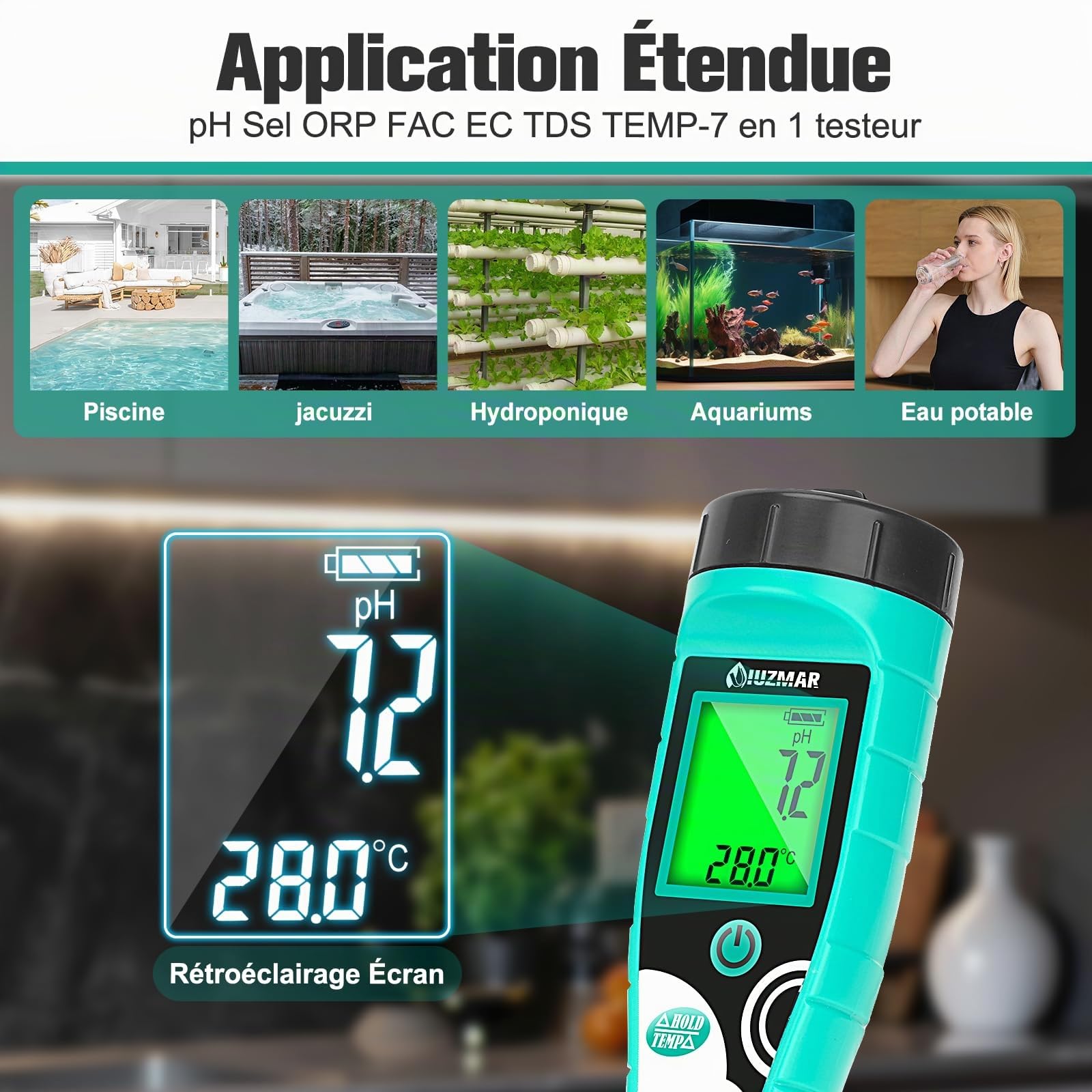 UIUZMAR pH Mètre Testeur de Chlore 7 en 1 Chlore ORP Mètre Précis et Constant pour L'eau de Piscine pour pH, salinité, Chlore, ORP, TDS, EC, Temp pour L'hydroponie, les Piscines