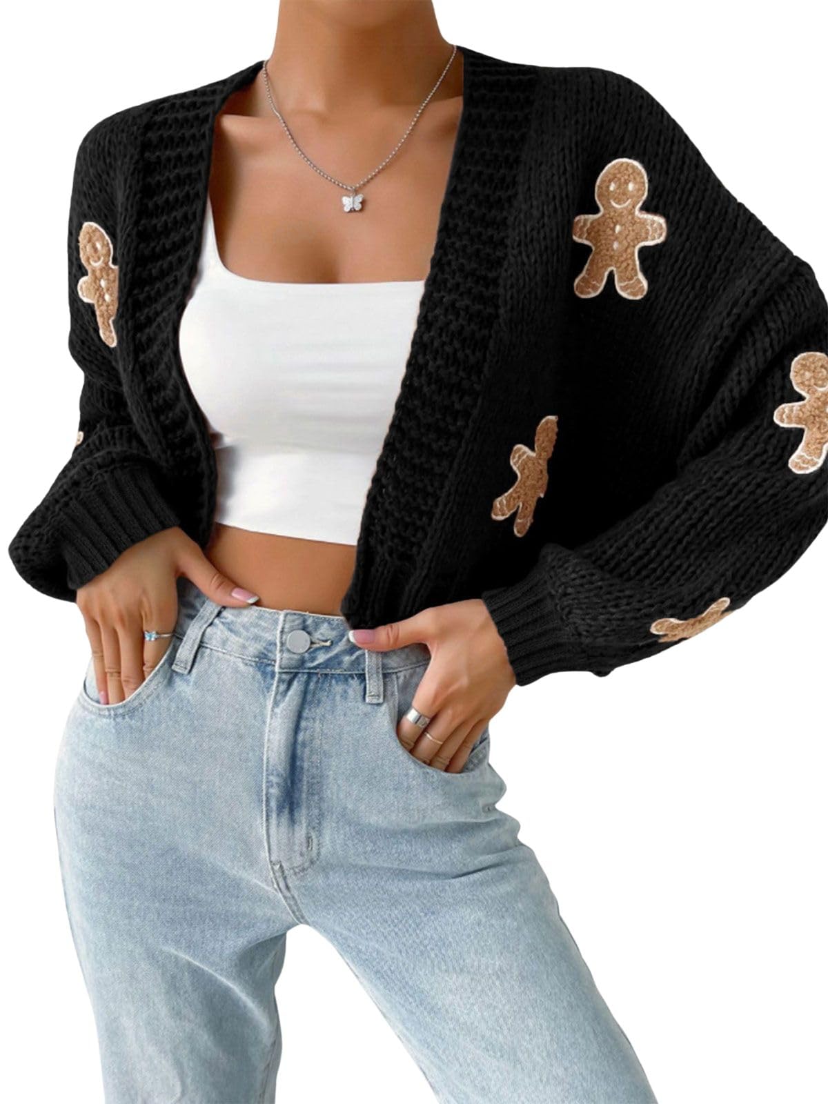ebossy Womens 2025 Fashion Cartoon Cookie Print Shrug Sweaters Open Front Chunky Knit Lantern Sleeve Crop Cardigan Outwear